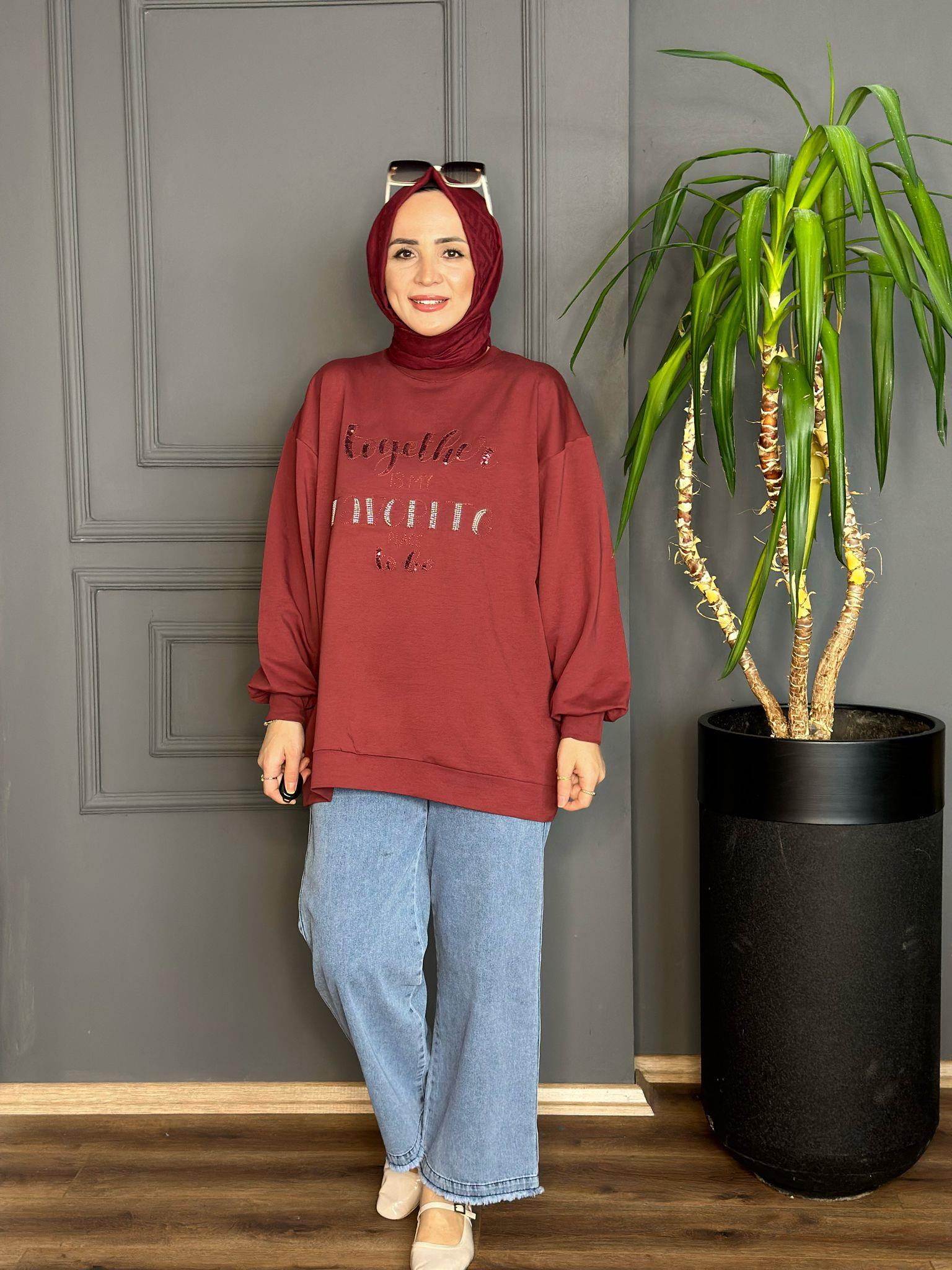 5536 PUL YAZILI SWEAT BORDO  S-M