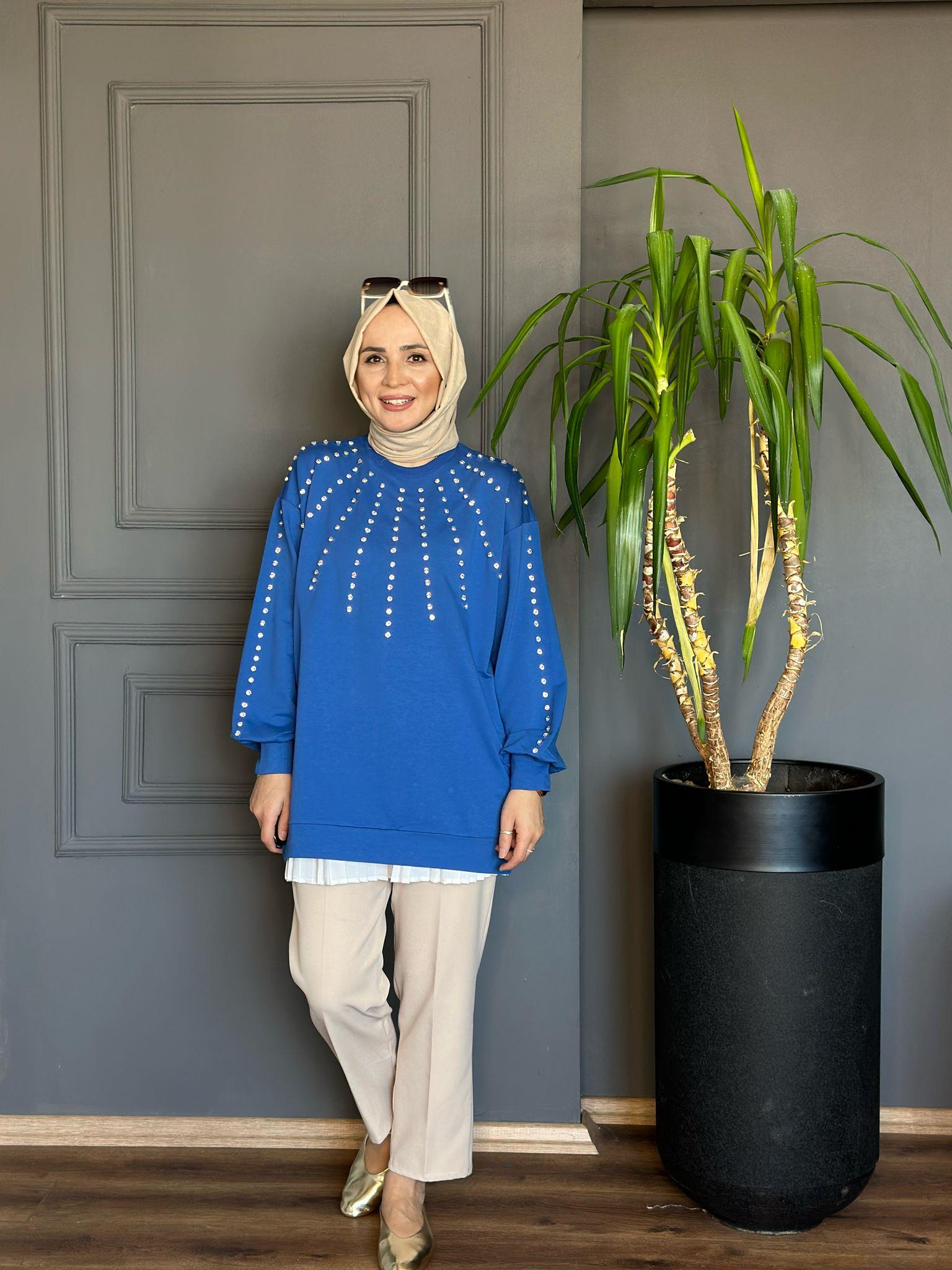 5608 TAŞ İŞLEMELİ SWEAT SAKS MAVİ S-M