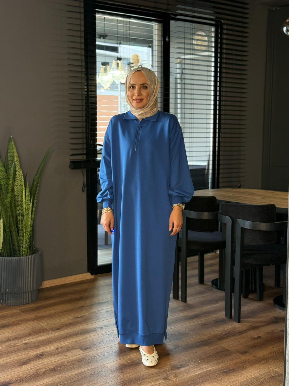 5611 POLO YAKA ELBİSE SAKS MAVİ