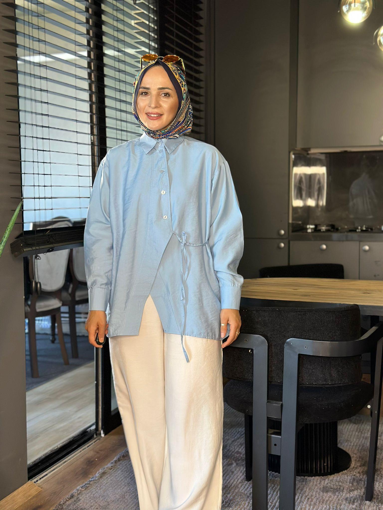 5760 ASİMETRİK KESİM İPLİ TUNİK MAVİ 