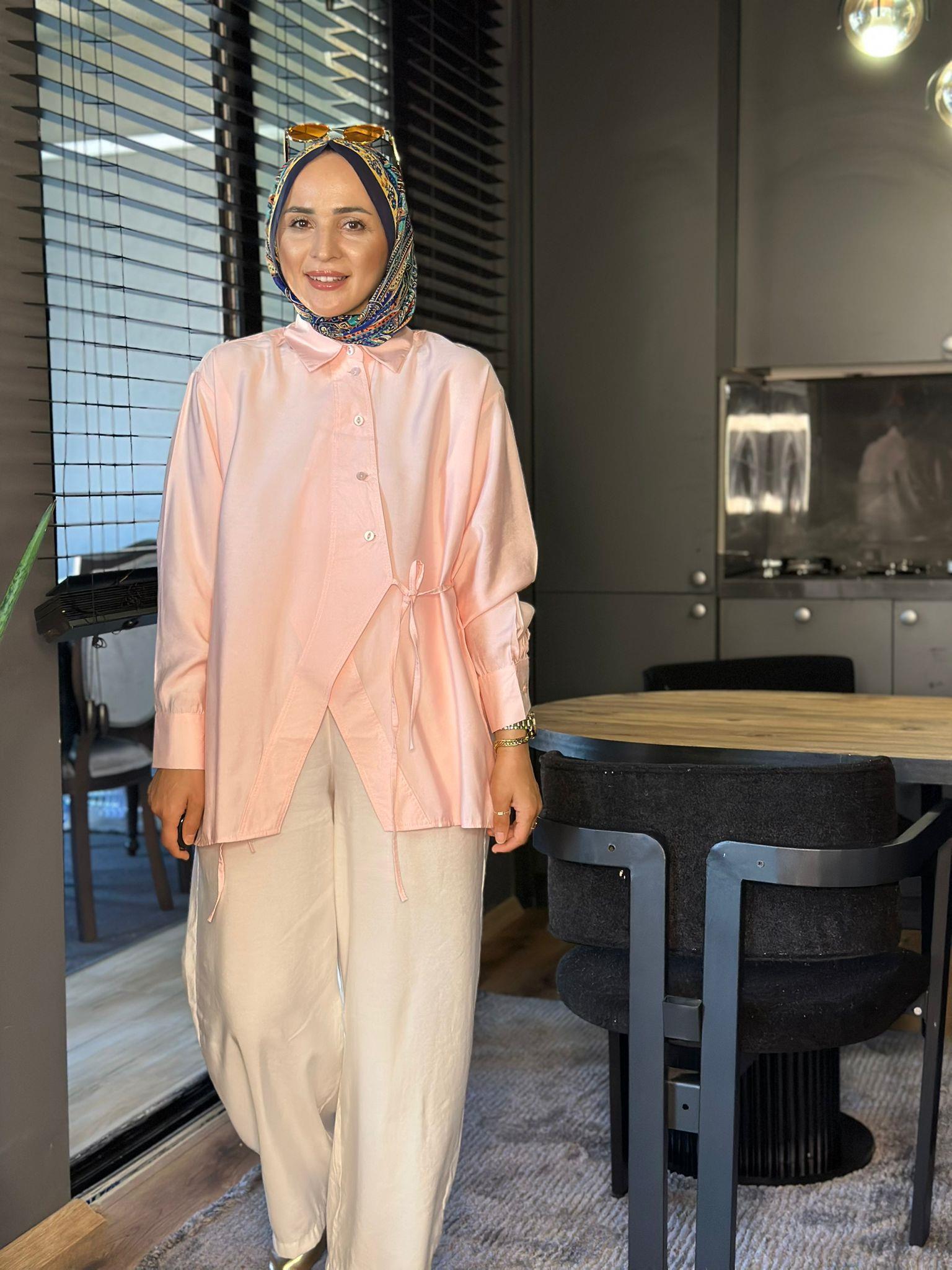 5760 ASİMETRİK KESİM İPLİ TUNİK PEMBE 