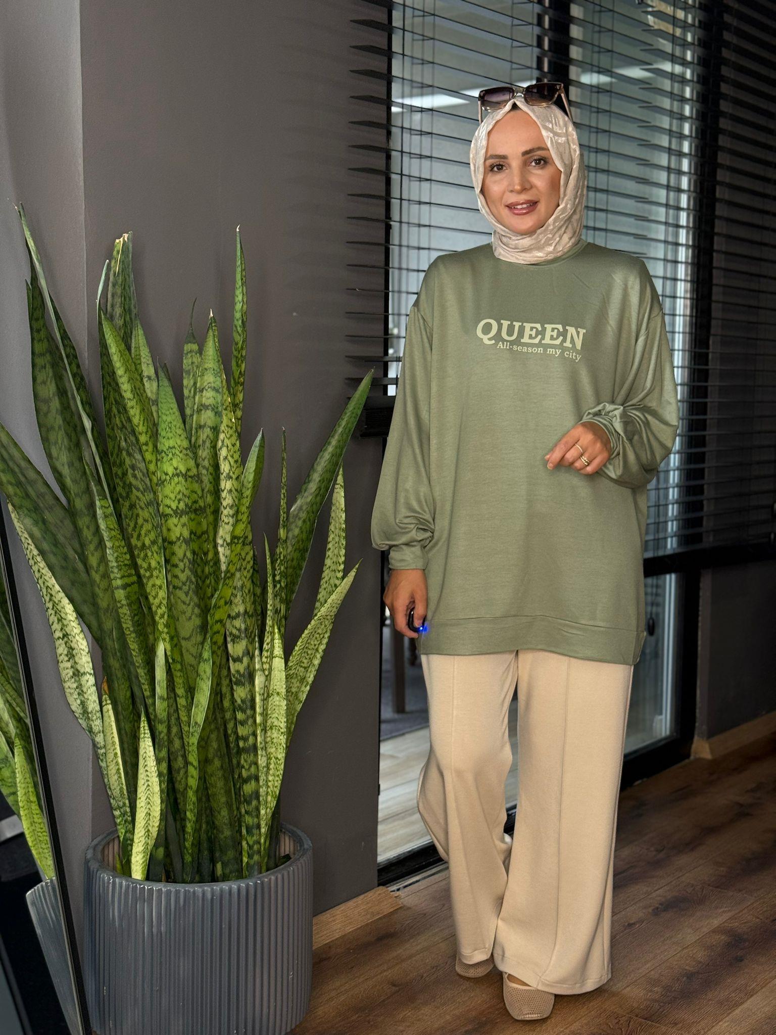 5849 QUEEN BASKI TUNİK YEŞİL OVERSİZE