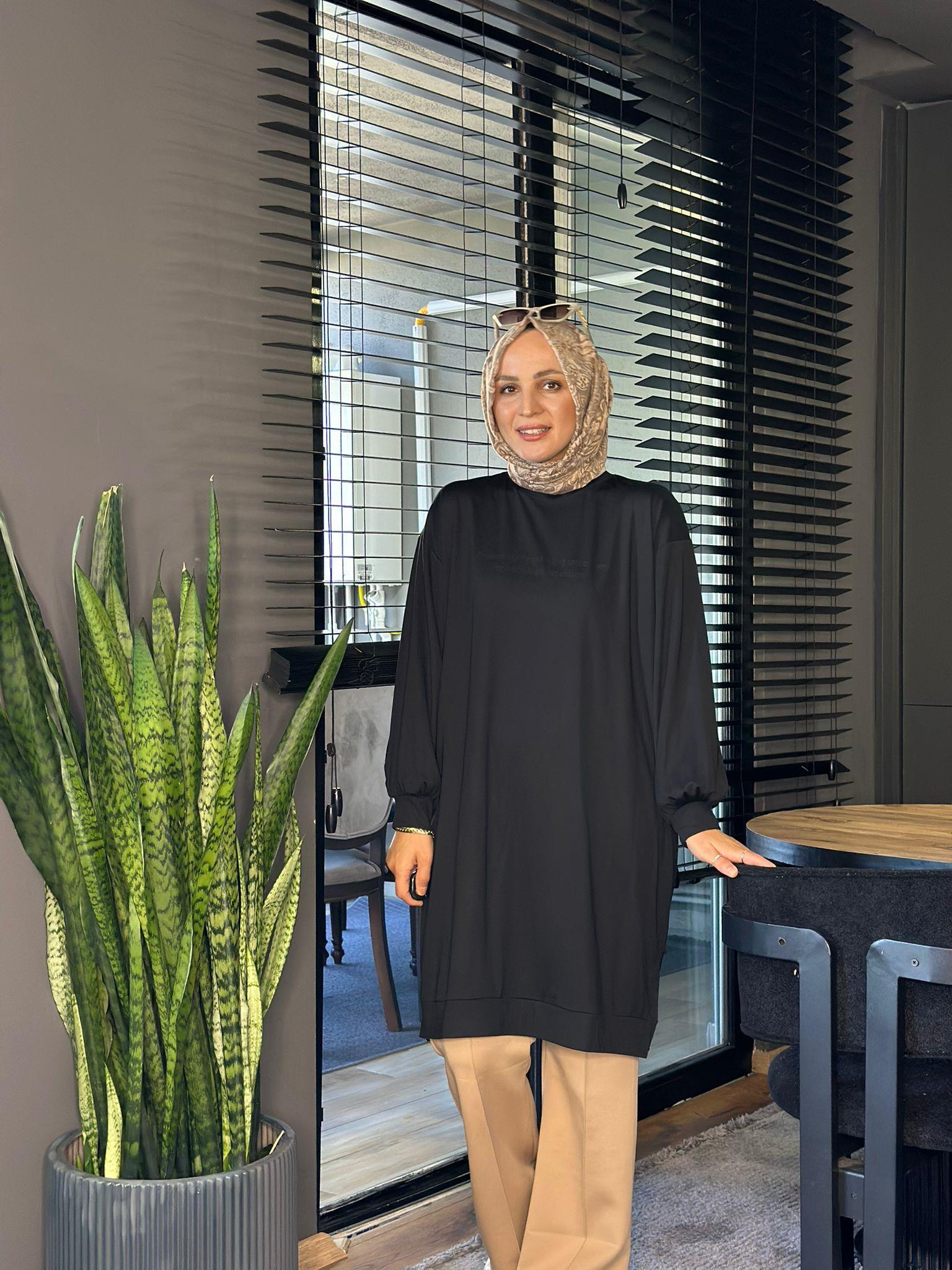 5858 ÖNÜ BASKILI UZUN TUNİK  SİYAH 