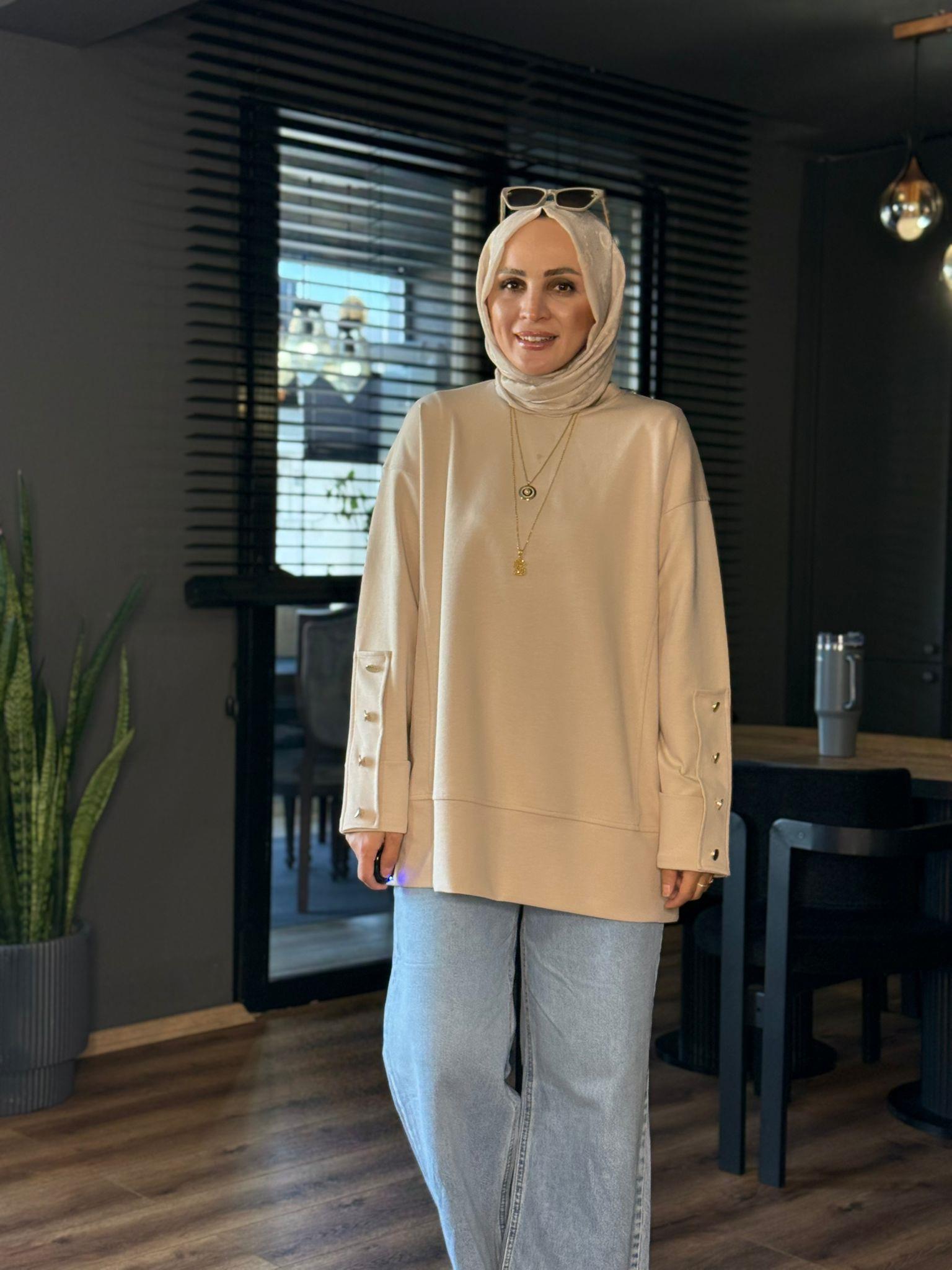 6074 KOL DÜĞME DETAY TUNİK KREM 