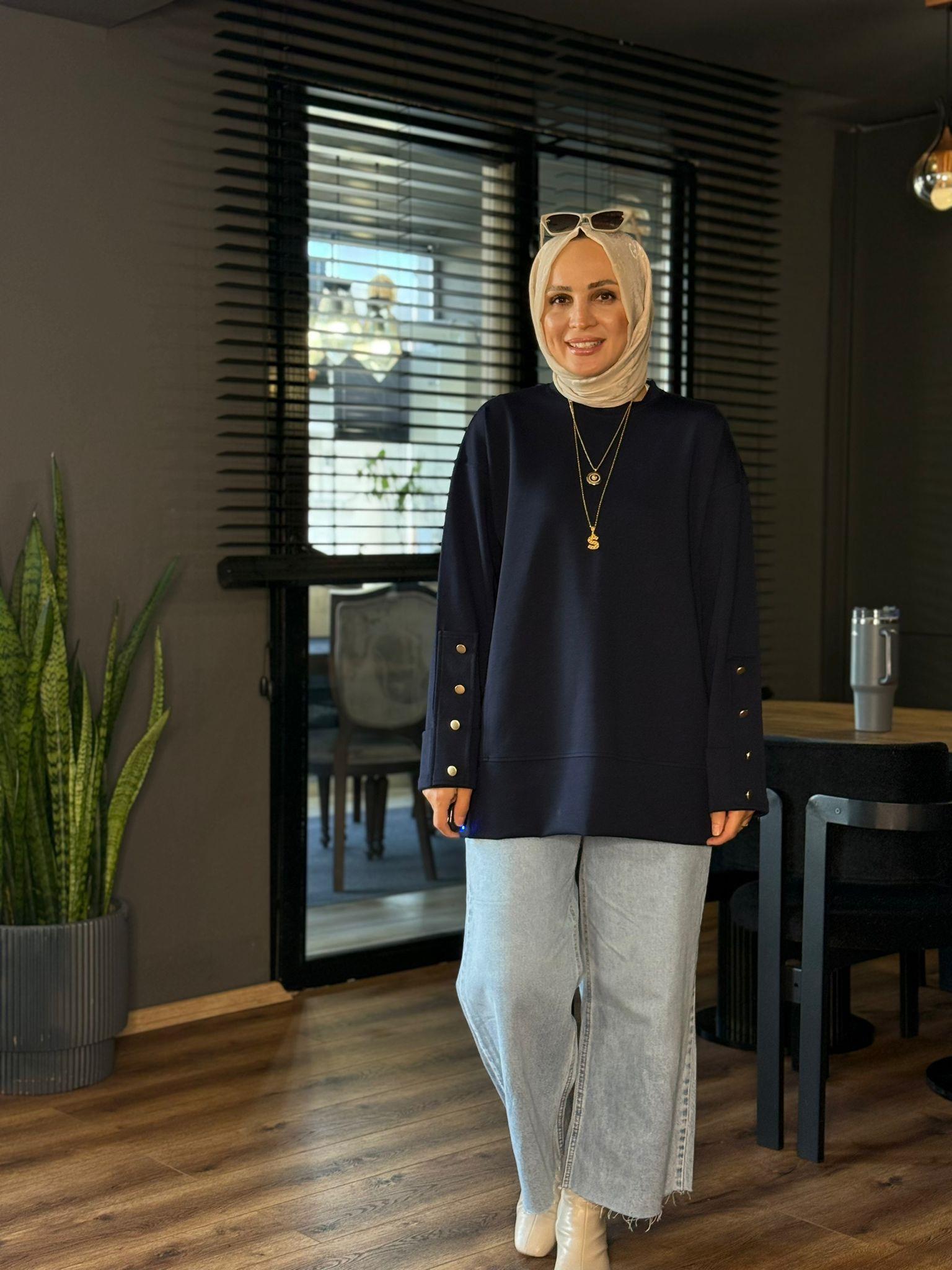 6074 KOL DÜĞME DETAY TUNİK LACİVERT 