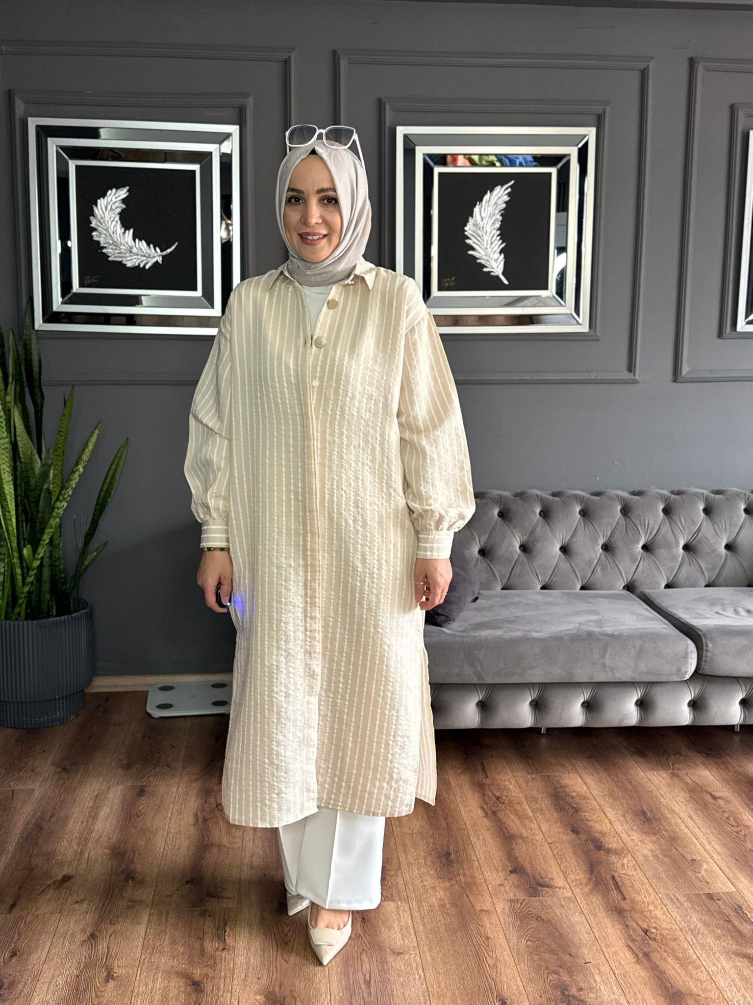 6244 ÇİZGİ DETAY GÖMLEK PUDRA 