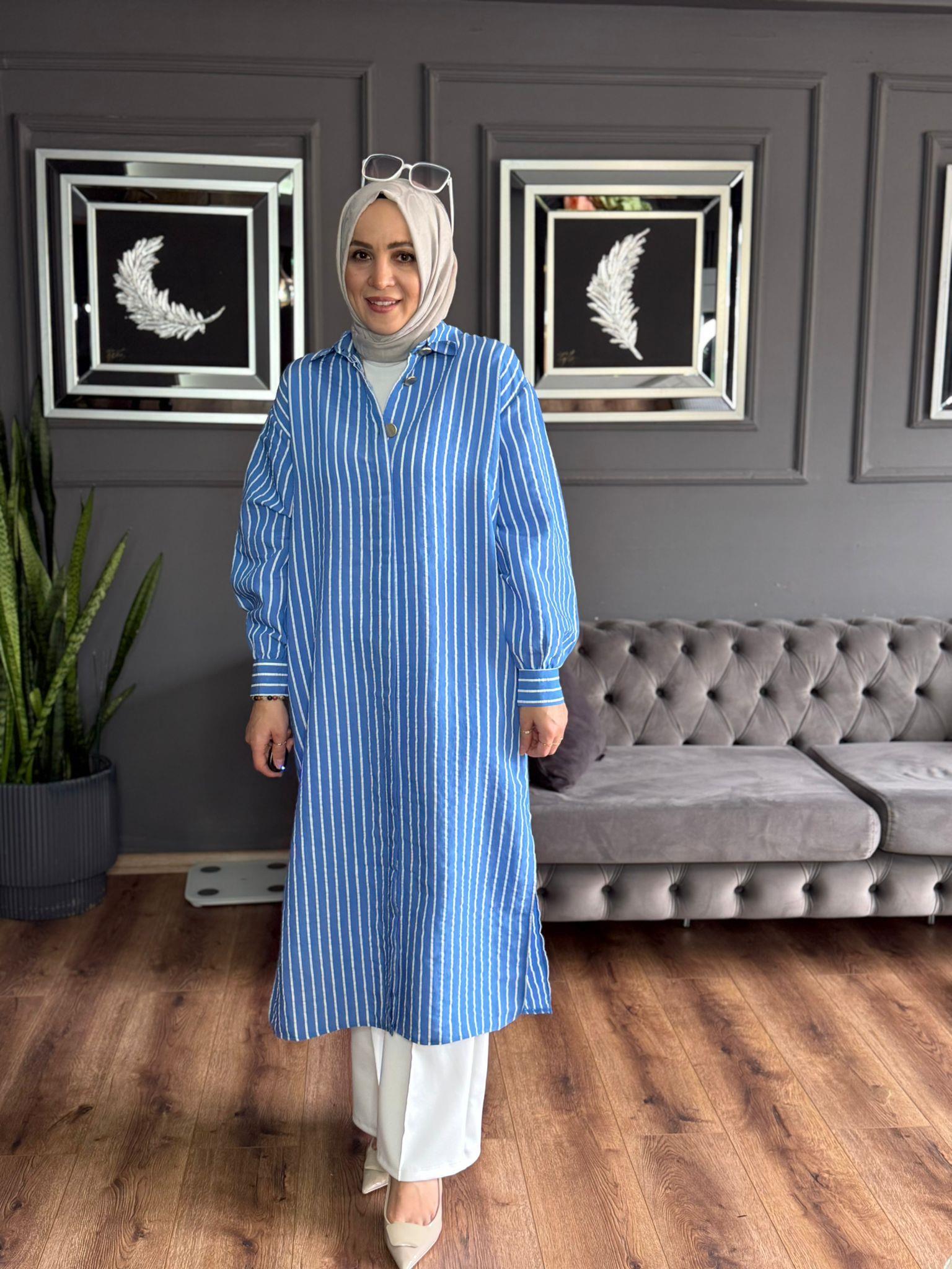6244 ÇİZGİ DETAY GÖMLEK SAKS MAVİ 