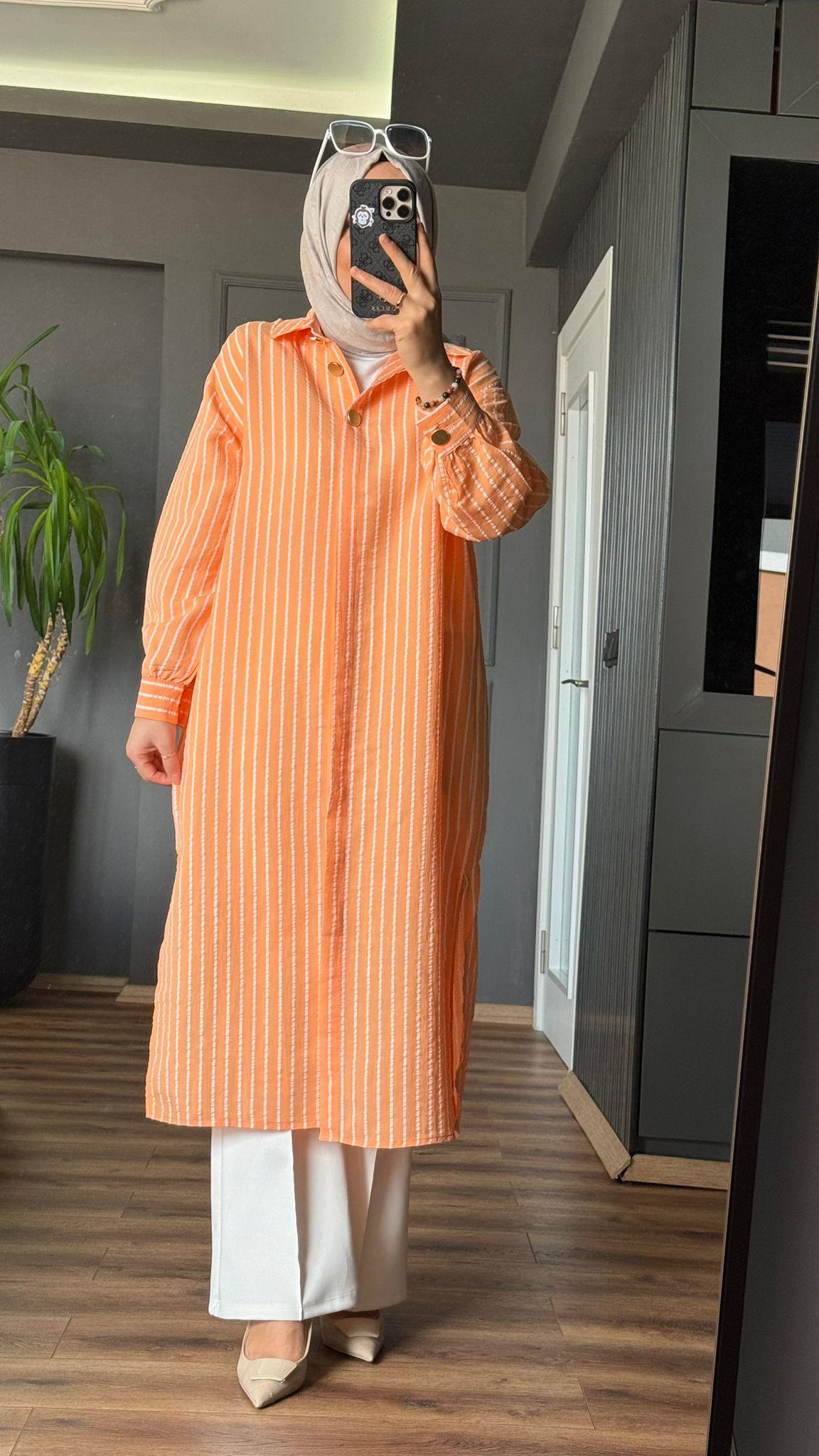 6244 ÇİZGİ DETAY GÖMLEK  TURUNCU 