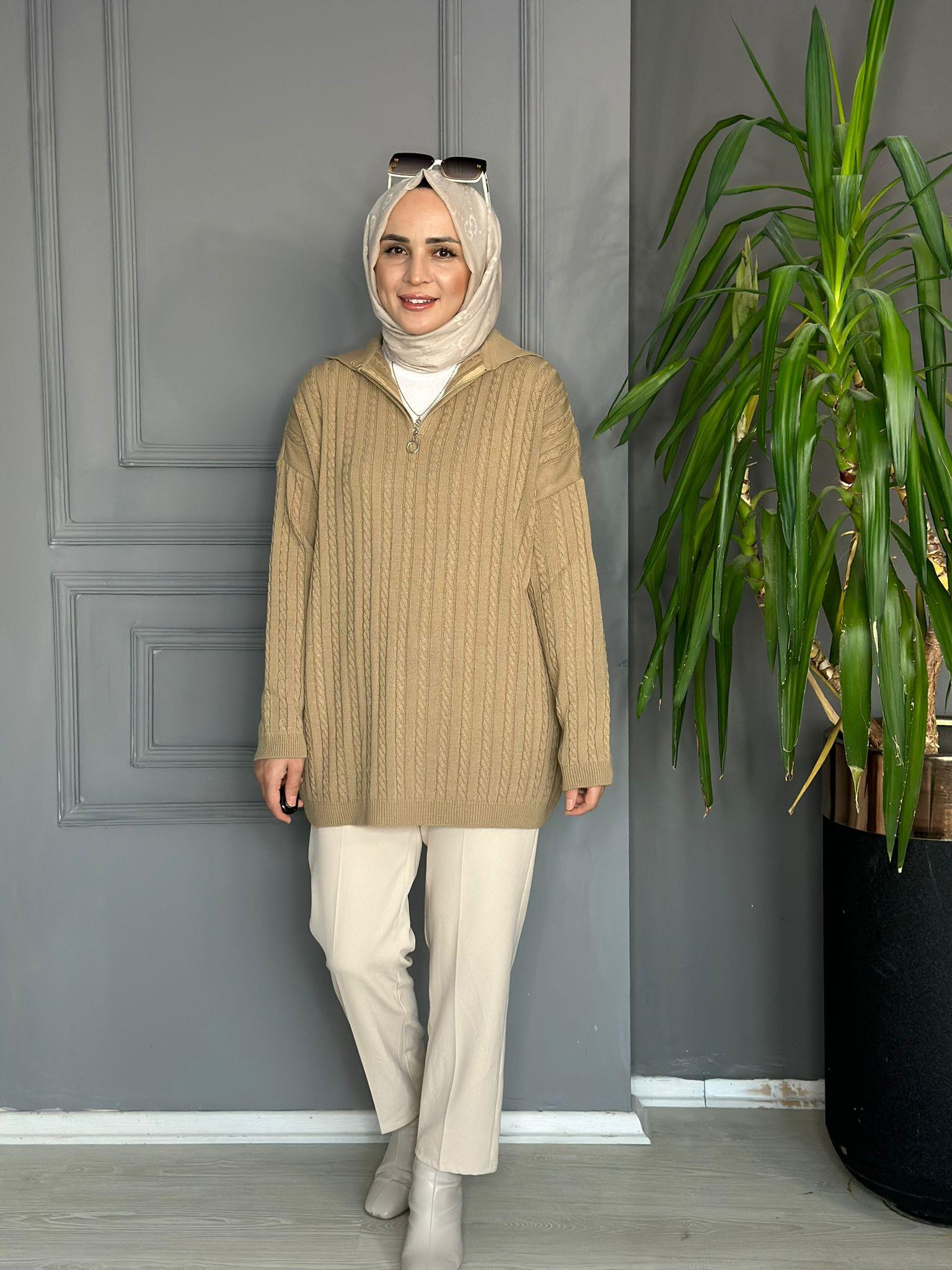 80131 FERMUARLI ÖRGÜ KAZAK CAMEL