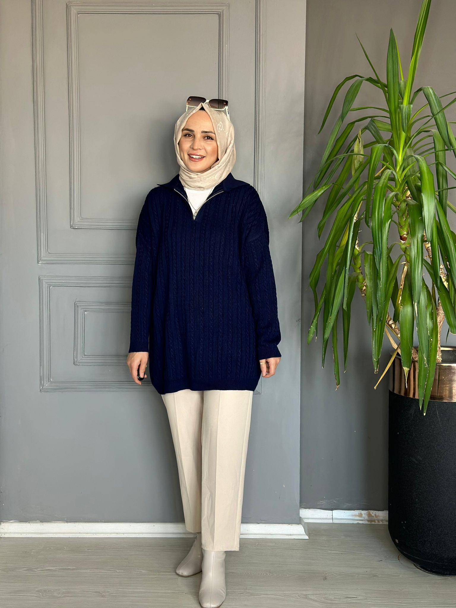 80131 FERMUARLI ÖRGÜ KAZAK LACİVERT 