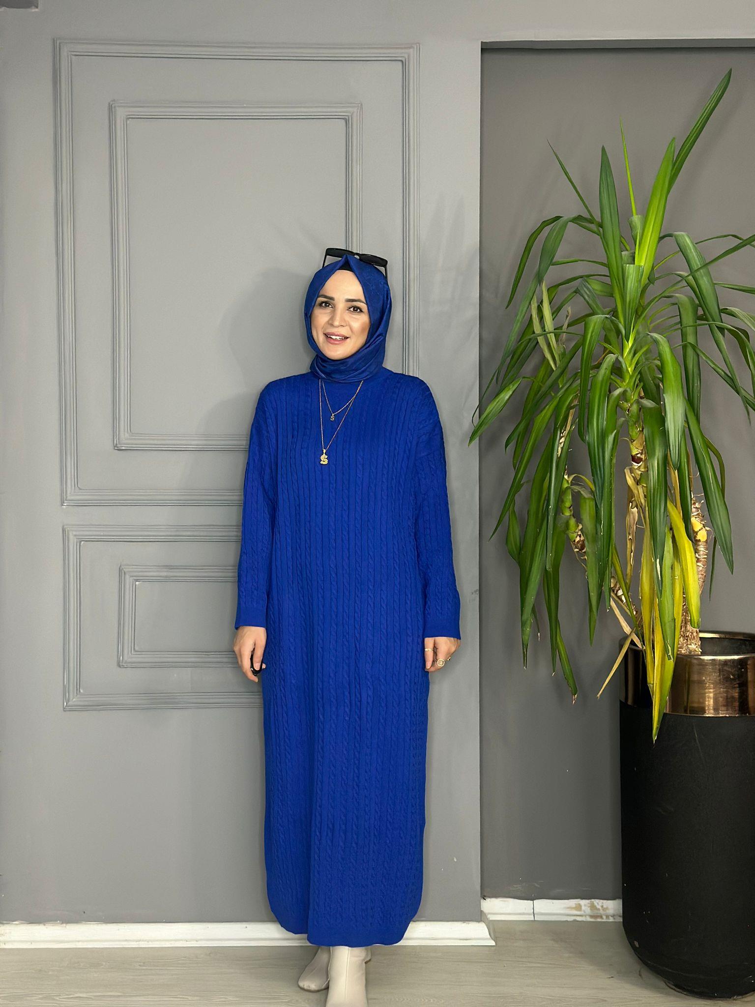 81012  ÖRGÜLÜ ELBİSE SAKS MAVİ