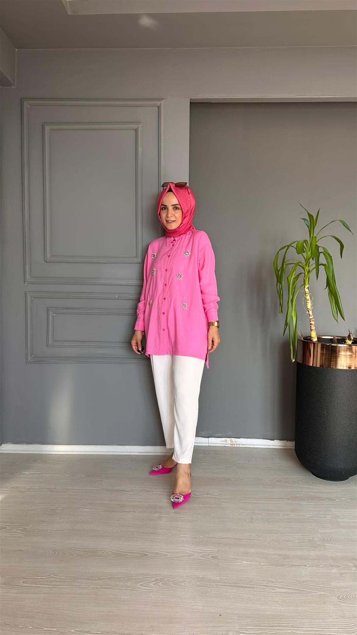 8159 TAŞLI PEMBE GÖMLEK L-XL BEDEN