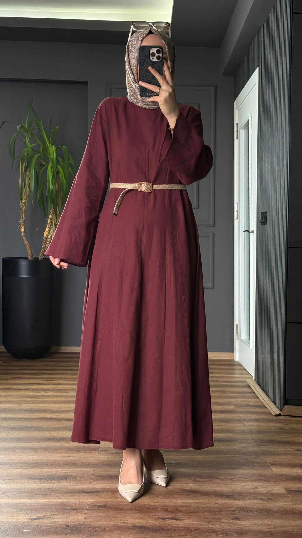 8401 HAM KETEN ELBİSE BORDO 