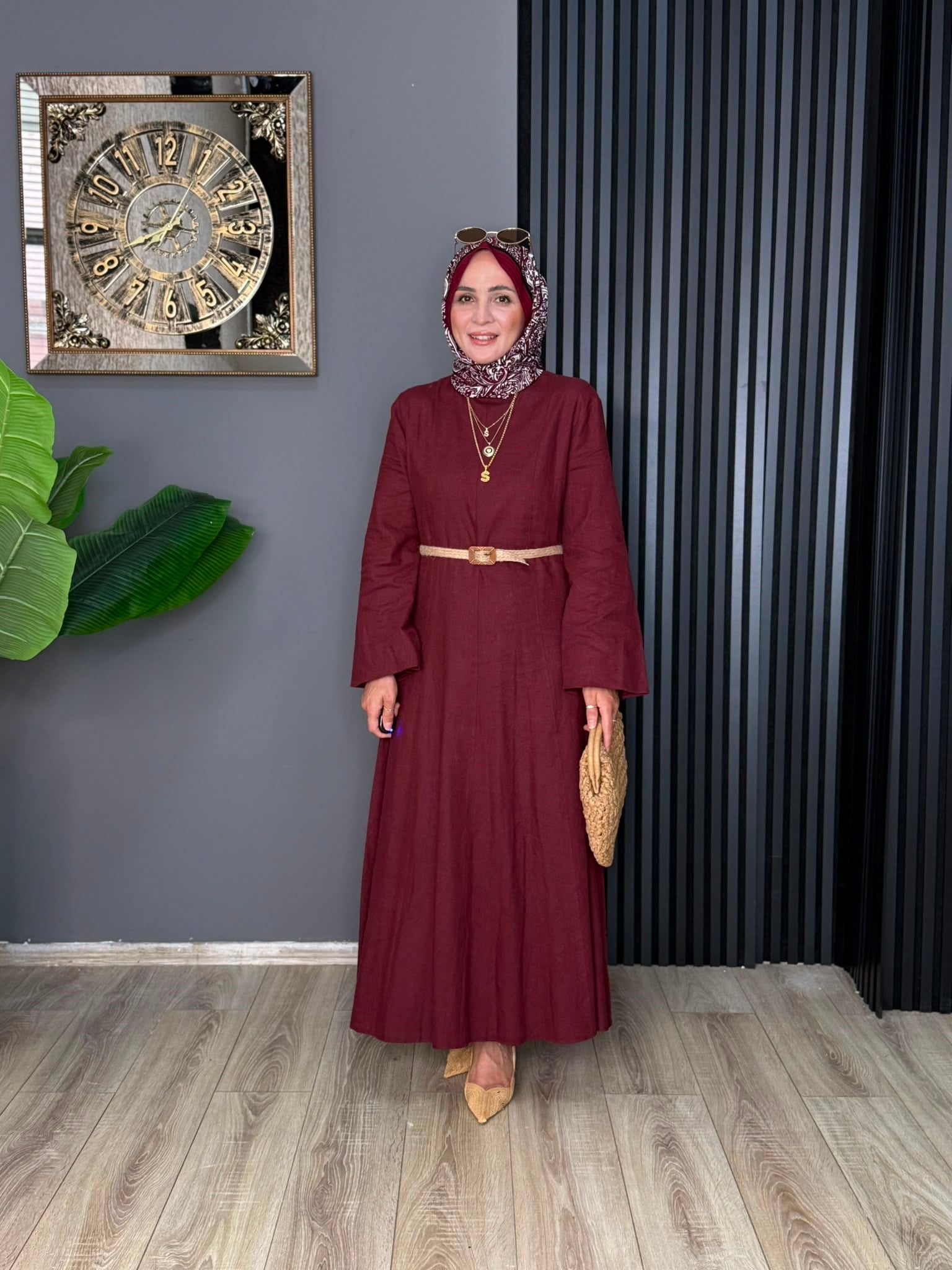 8401 HAM KETEN ELBİSE BORDO 