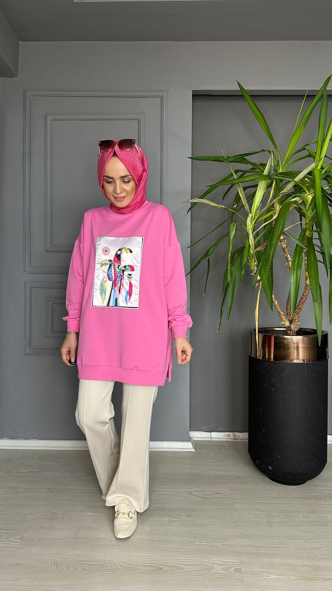 8475 BASKI DETAY SWEAT PEMBE 