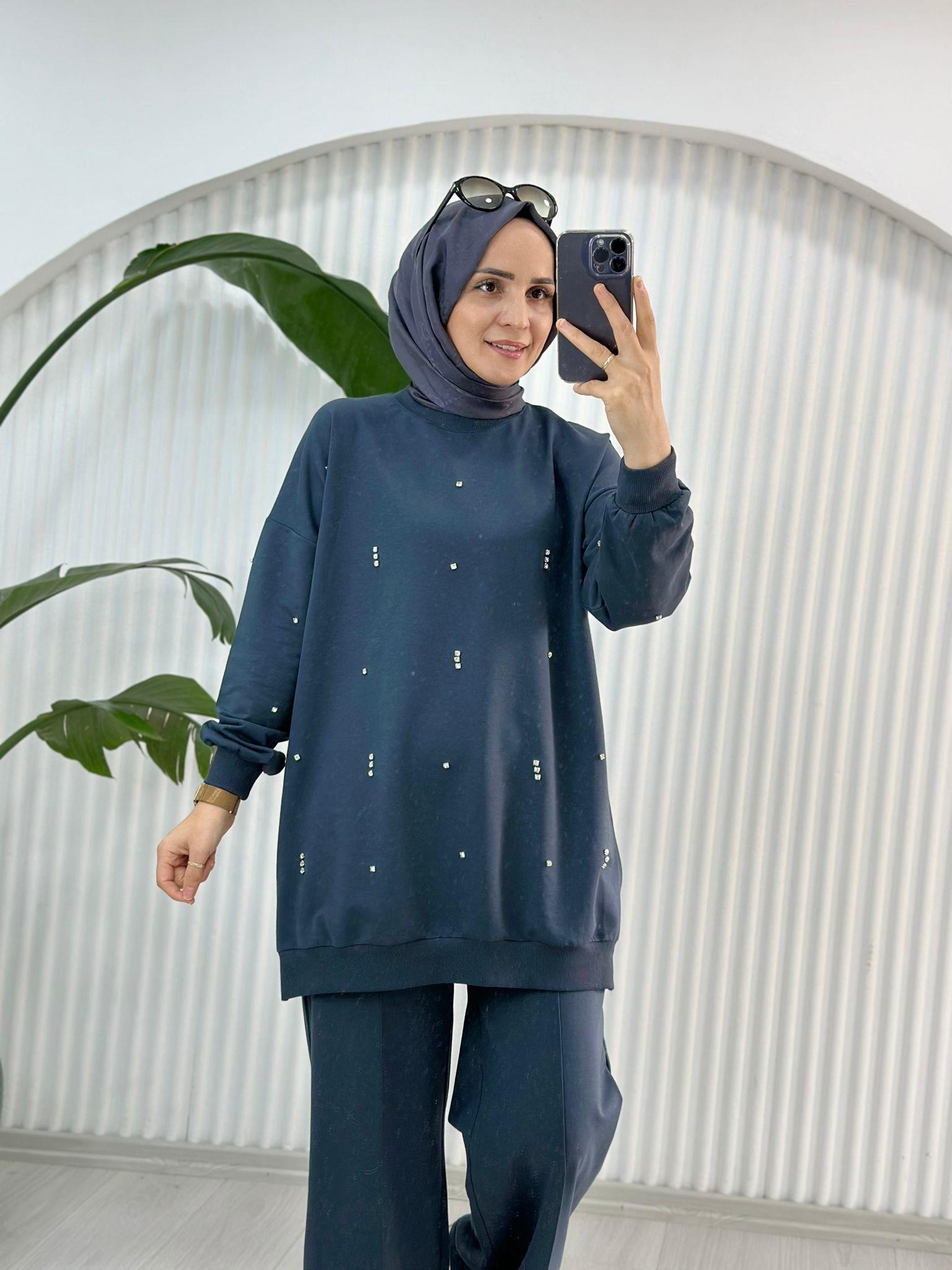 9049 TAŞLI SWEAT ANTRASİT GRİ 