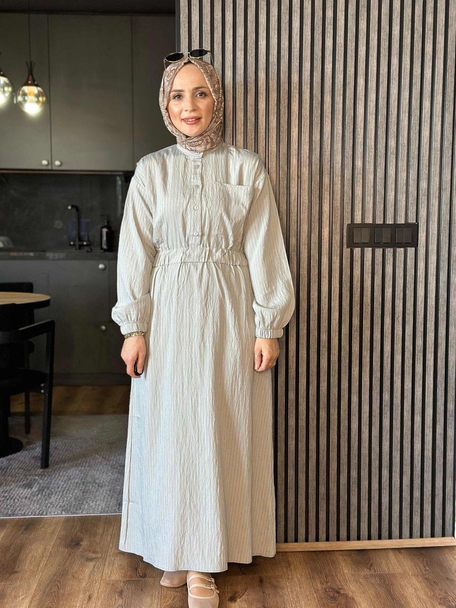 9239 BELİ LASTİKLİ ÇİZGİLİ ELBİSE GRİ 