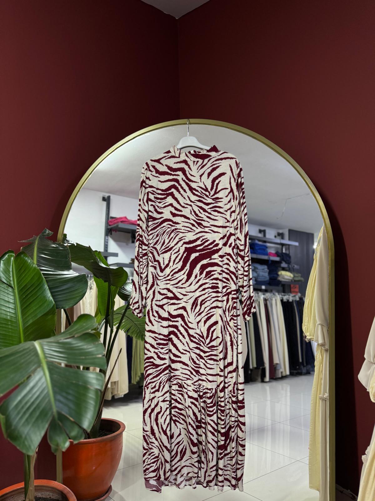 DESENLİ VİSKON ELBİSE BORDO 