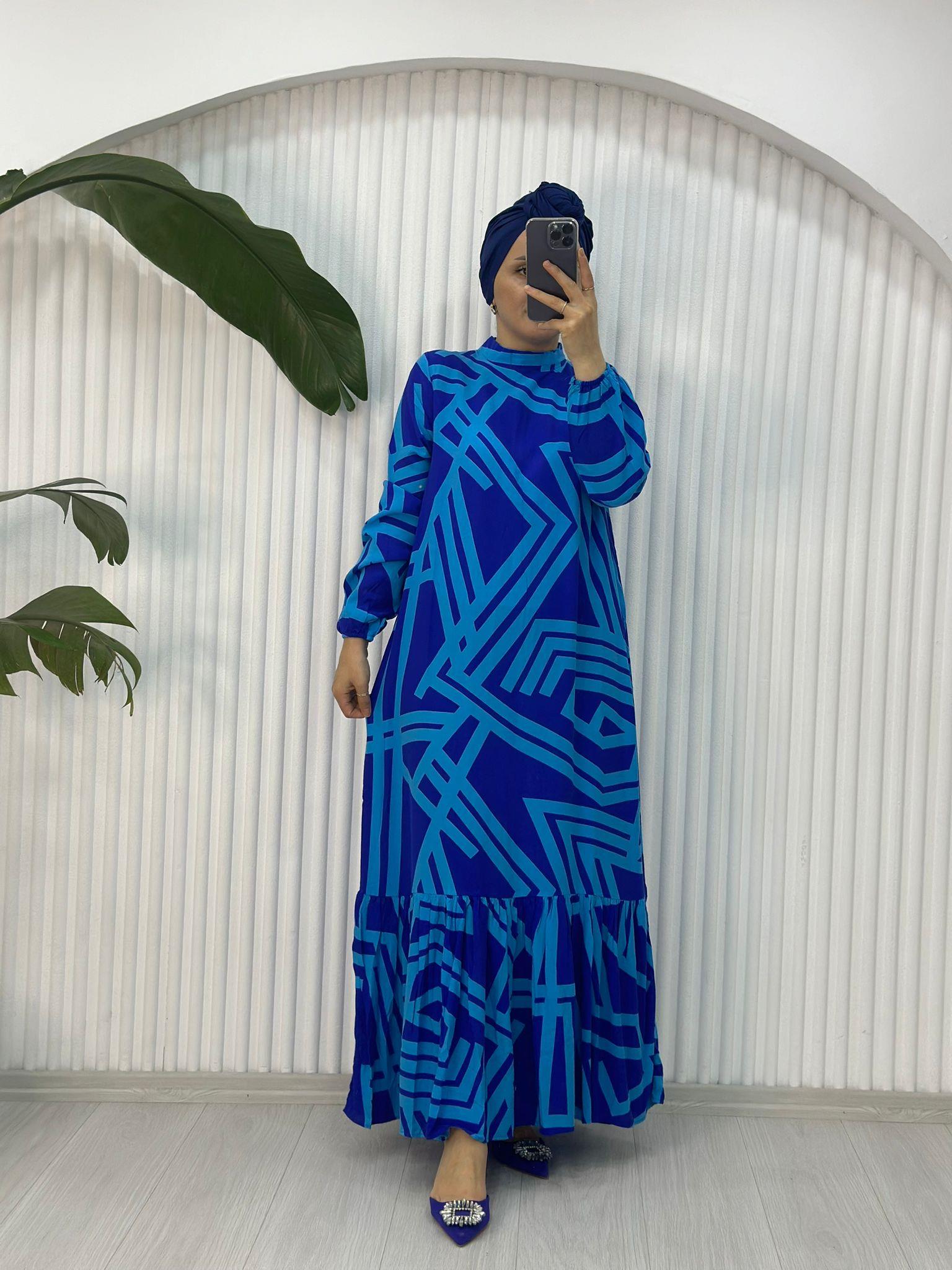 GEOMETRİK DESEN MAVİ ELBİSE 