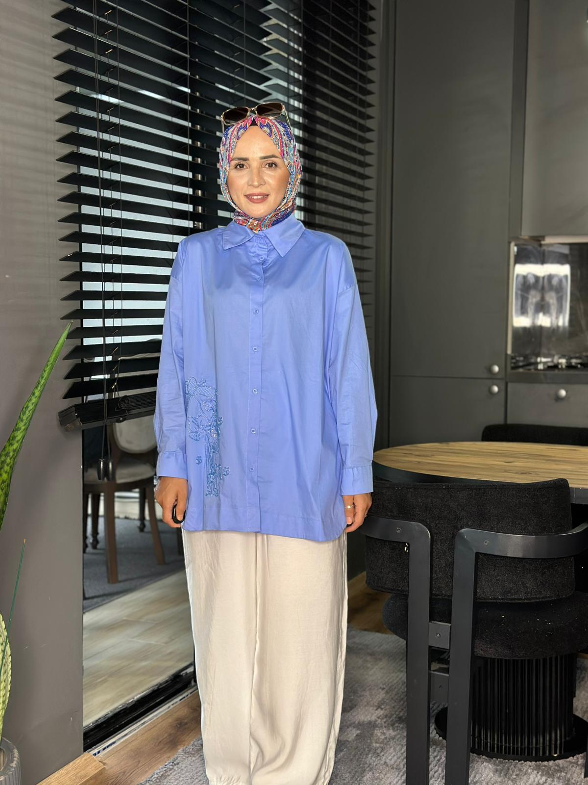 GÜL NAKIŞ TUNİK MAVİ 