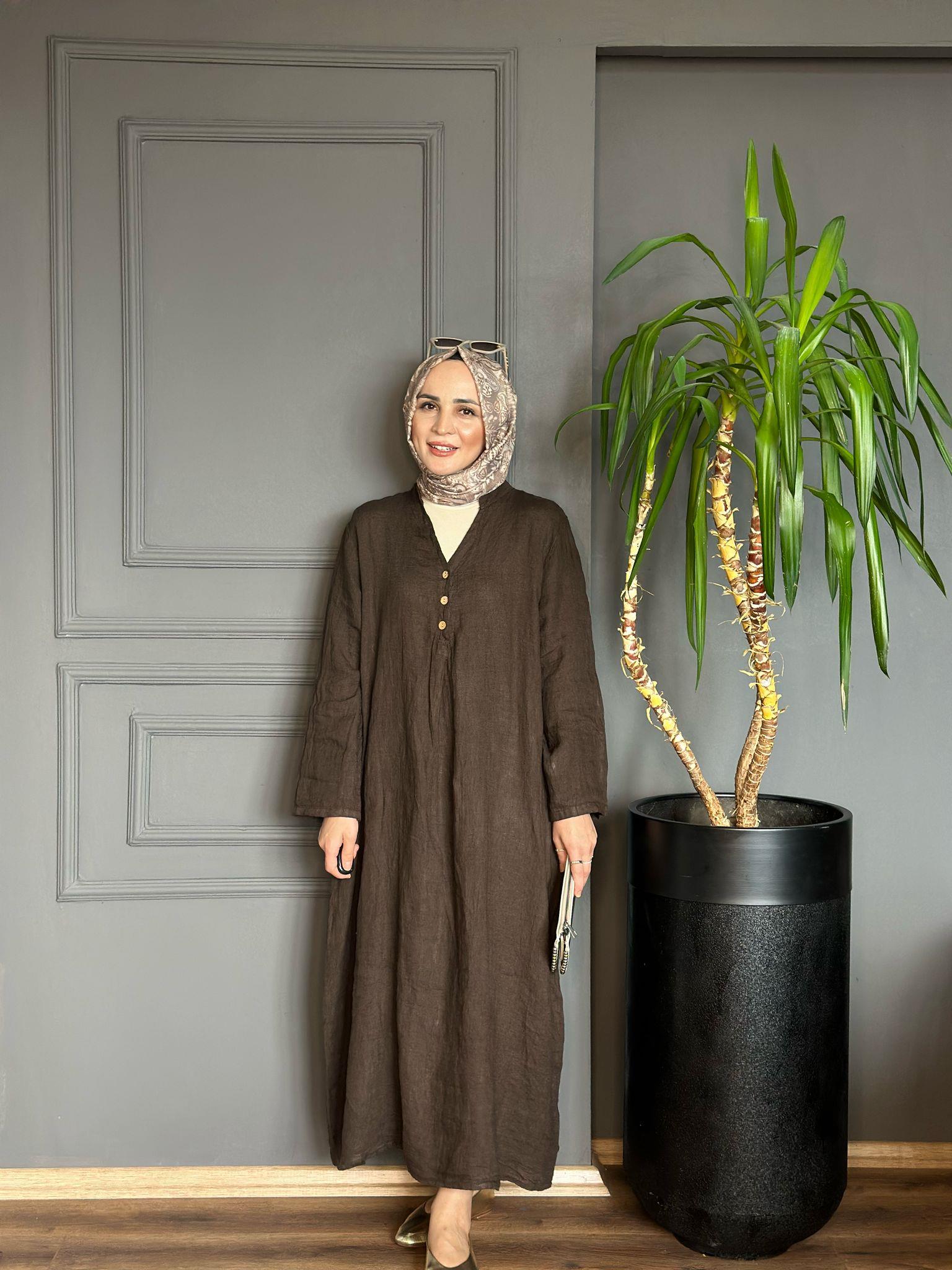 KETEN ELBİSE KAHVERENGİ 