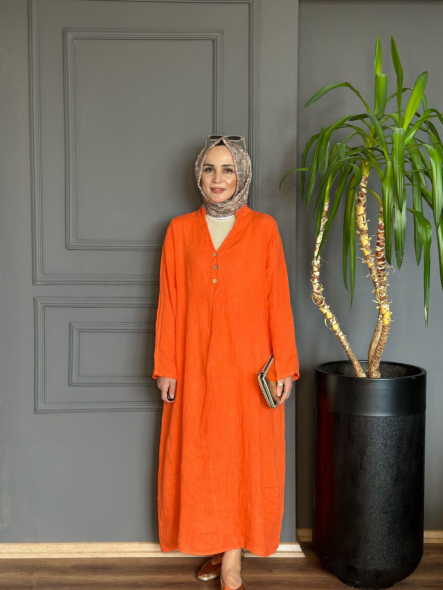 KETEN ELBİSE TURUNCU STD