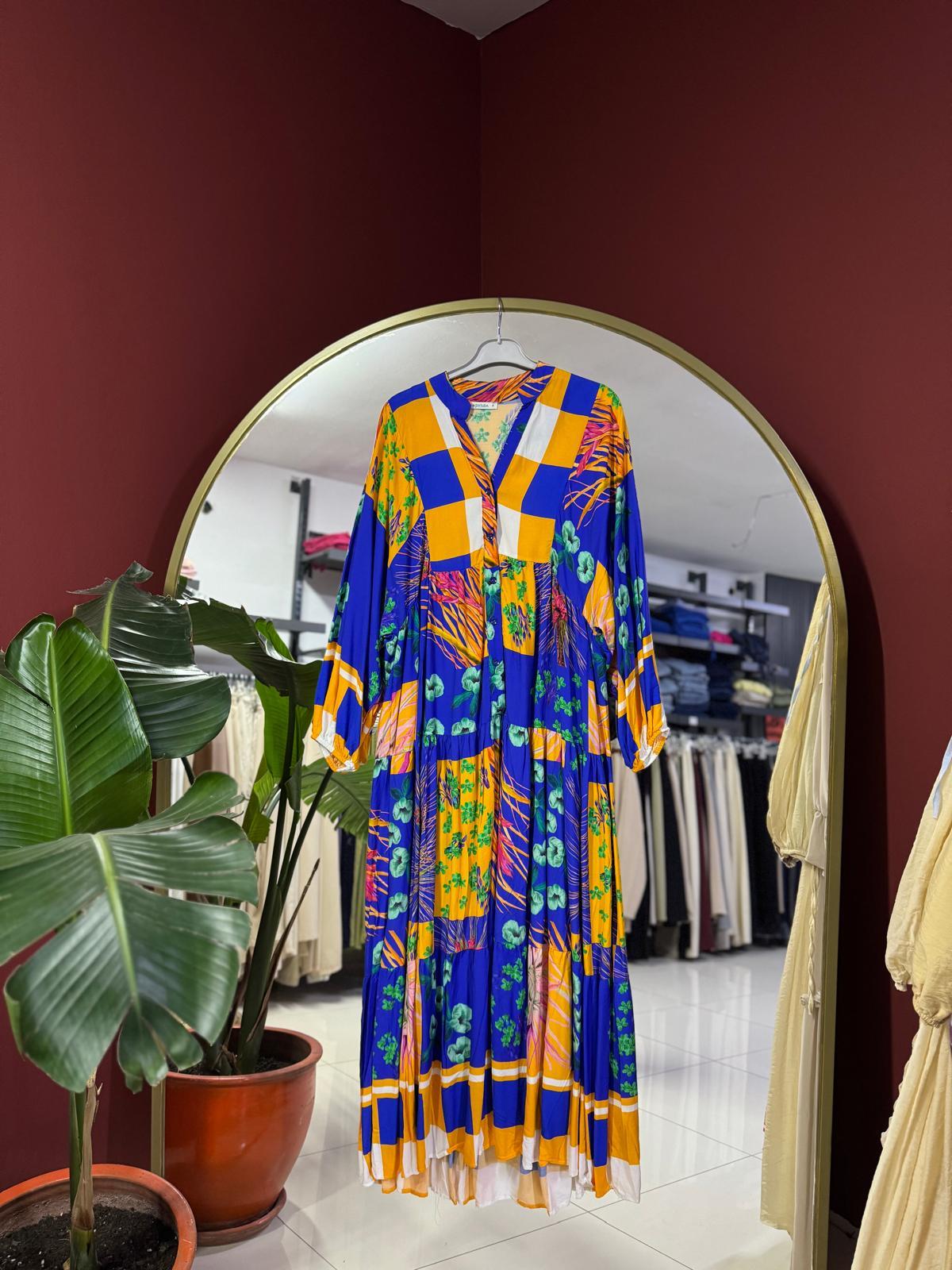 MAVİ SARI ÇİÇEKLİ ELBİSE 