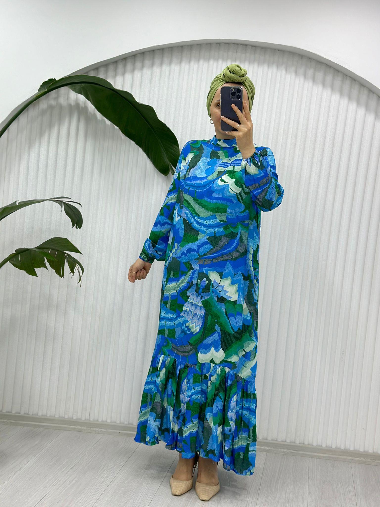 YAPRAK DESENLİ YEŞİL MAVİ ELBİSE 