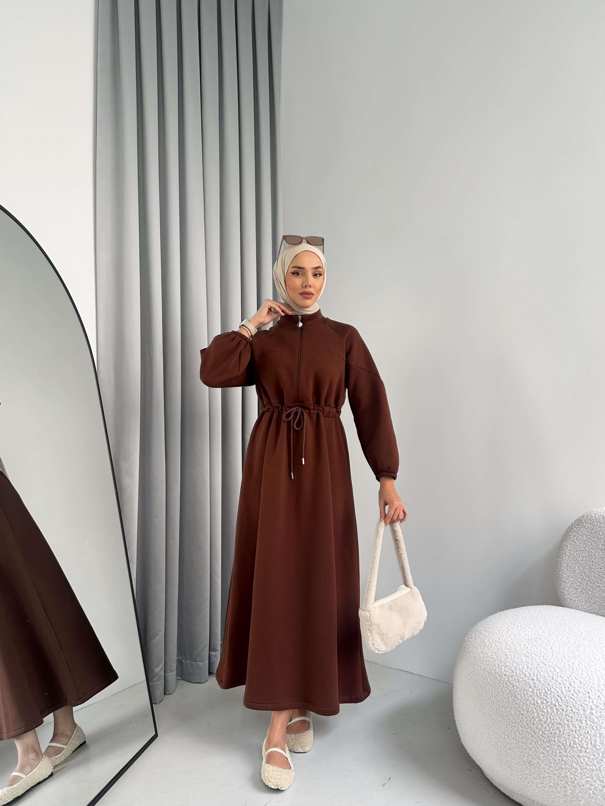 Belden Bağcıklı 3 İplik Şardon Elbise Kahve