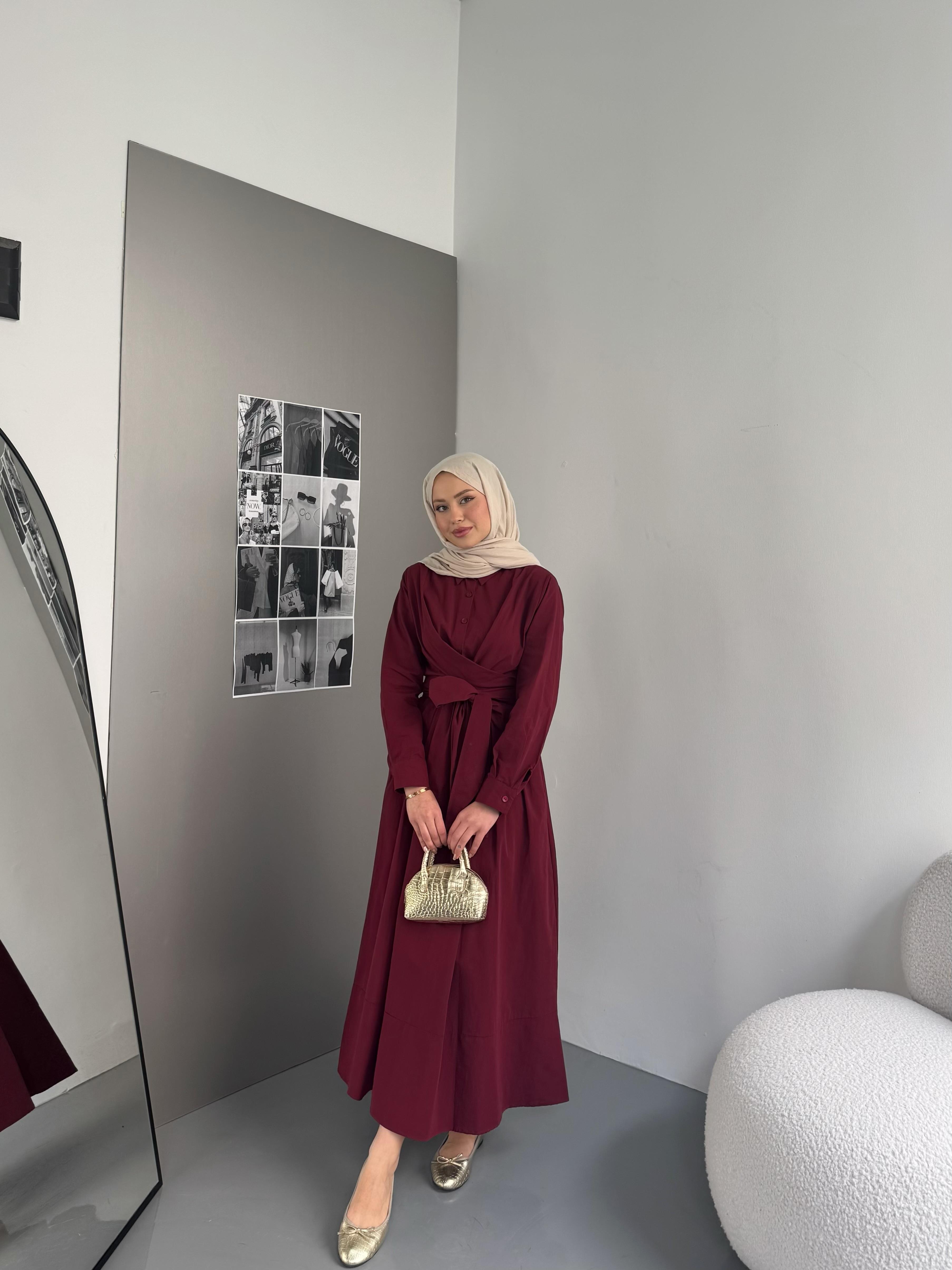 Belden Bağlamalı Poplin Elbise Bordo