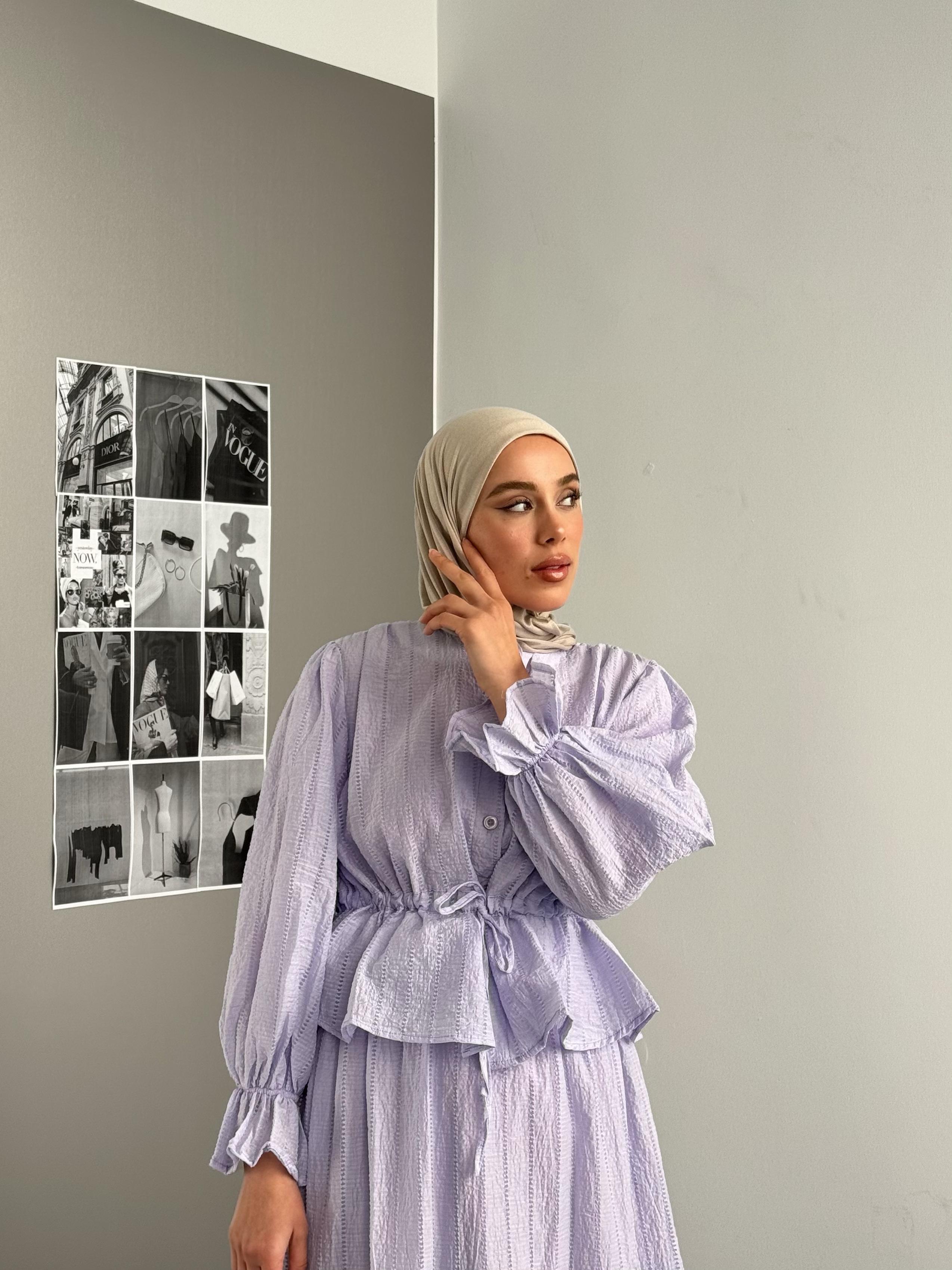 Beli Büzgülü Katlı Maxi Takım Lila