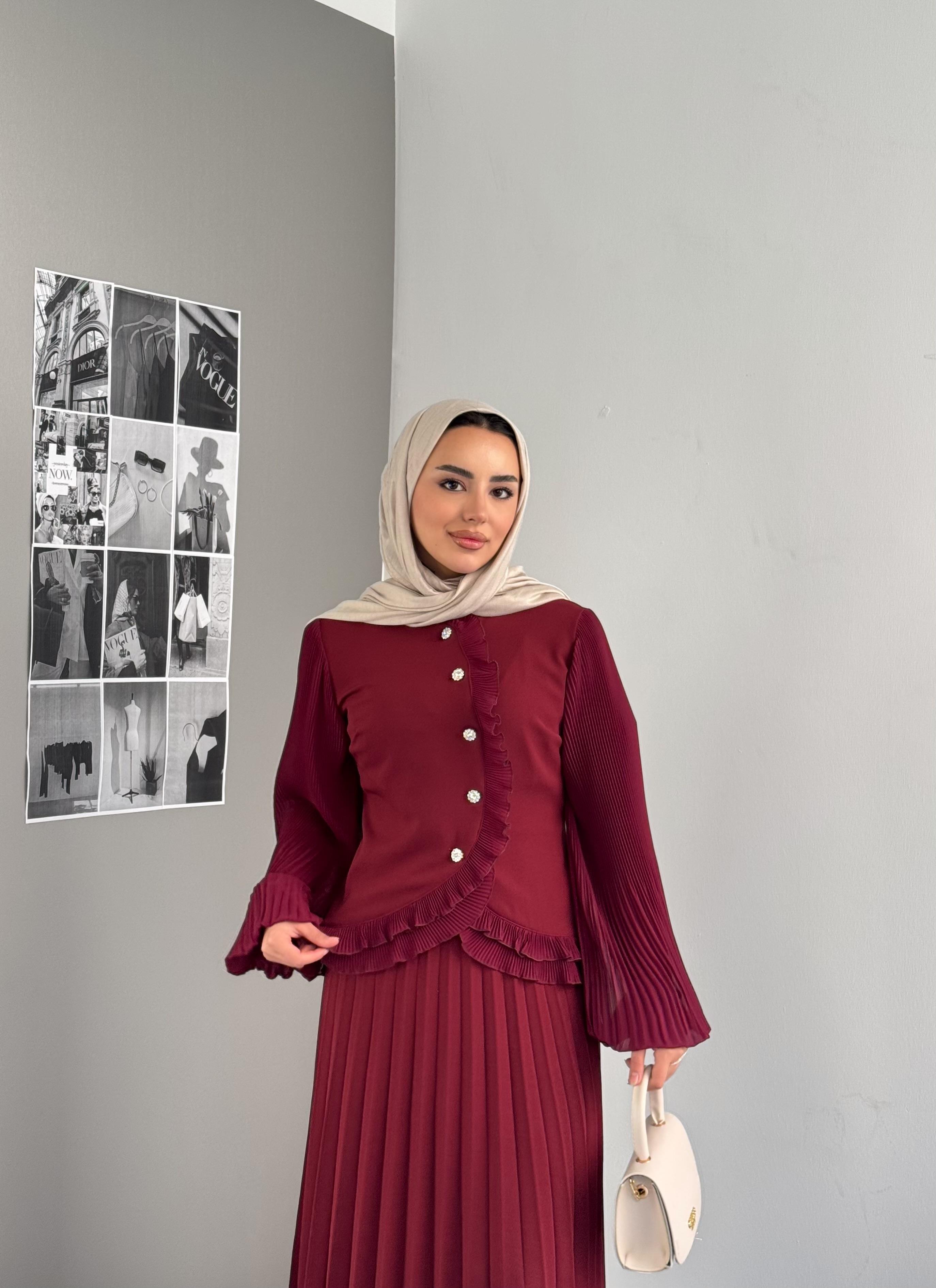 Fırfır Detaylı İkili Takım Bordo