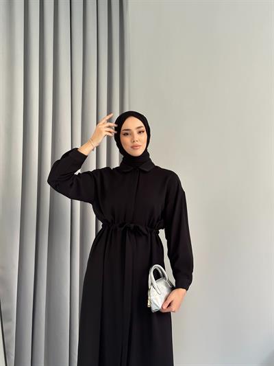 Belden Bağcıklı Boydan Düğmeli Ferace Elbise Siyah