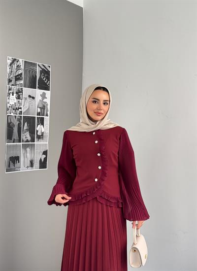 Fırfır Detaylı İkili Takım Bordo