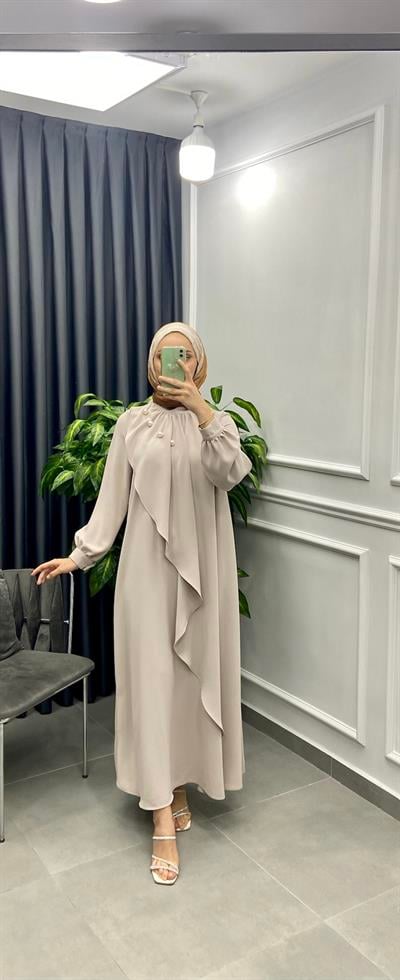 İnci Detaylı Krep Elbise Krem