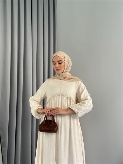 İşleme Detaylı Keten Elbise Krem