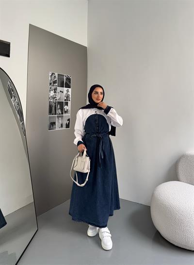 Yarım Gömlek Detaylı Denim Elbise Mavi