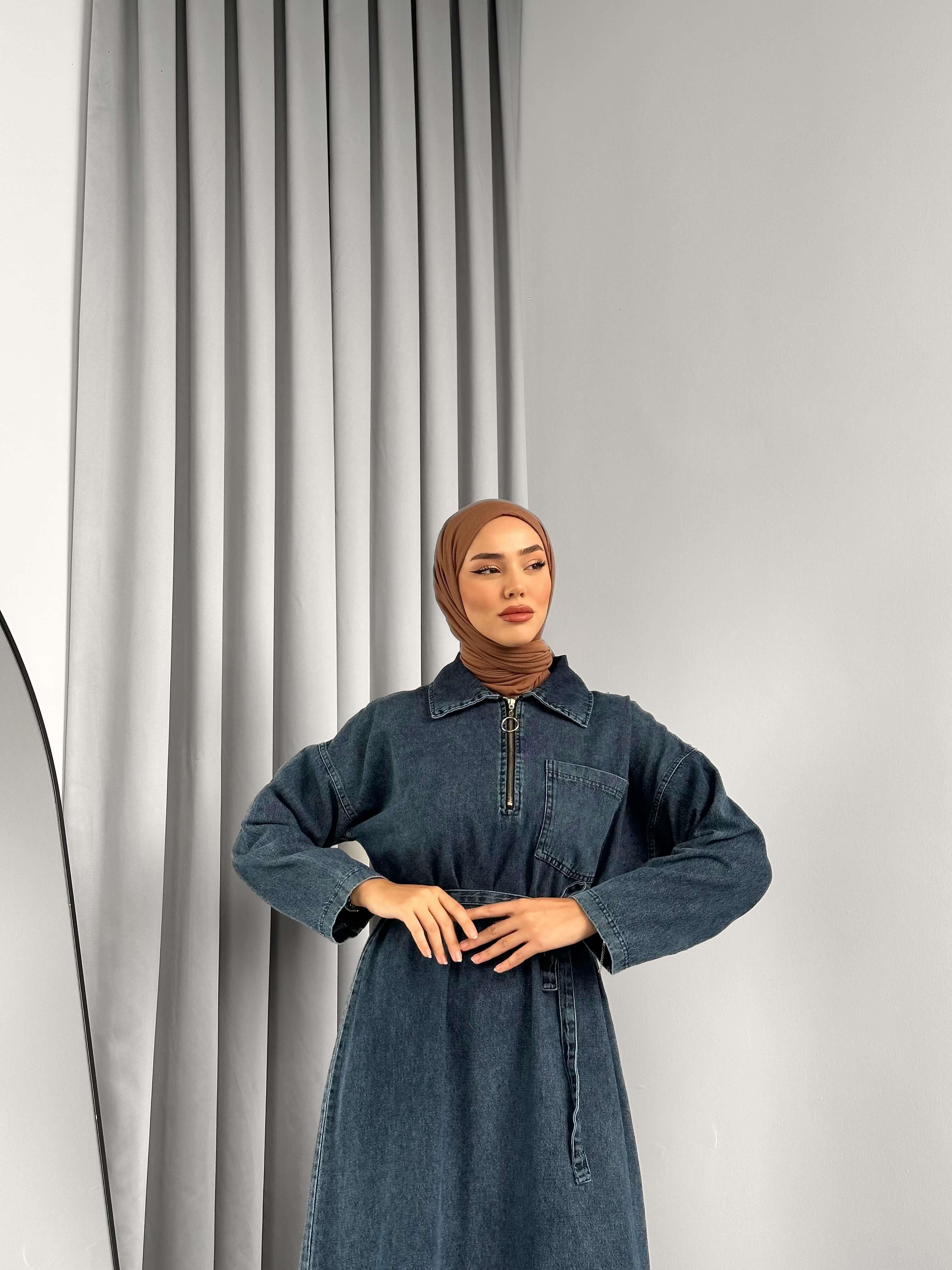 Cep Kapak Detaylı Denim Elbise Mavi