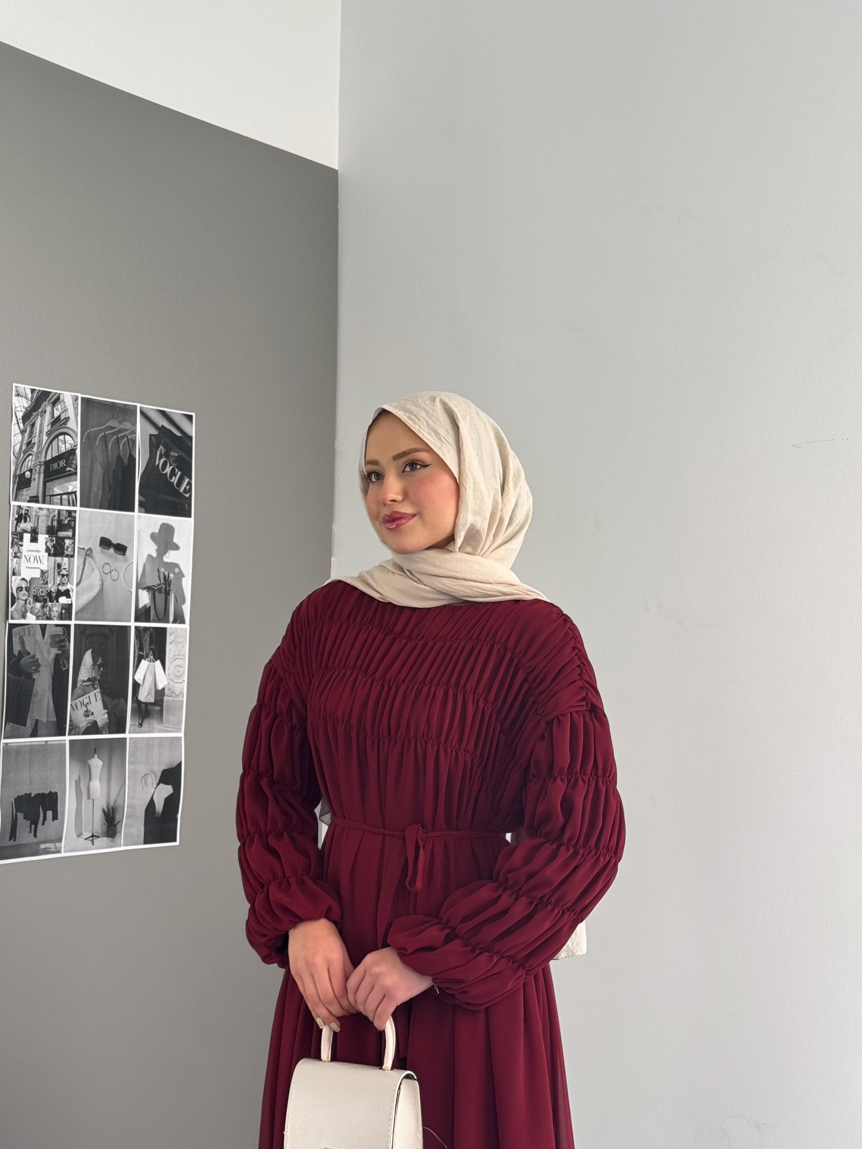 Dökümlü Şifon Elbise Bordo
