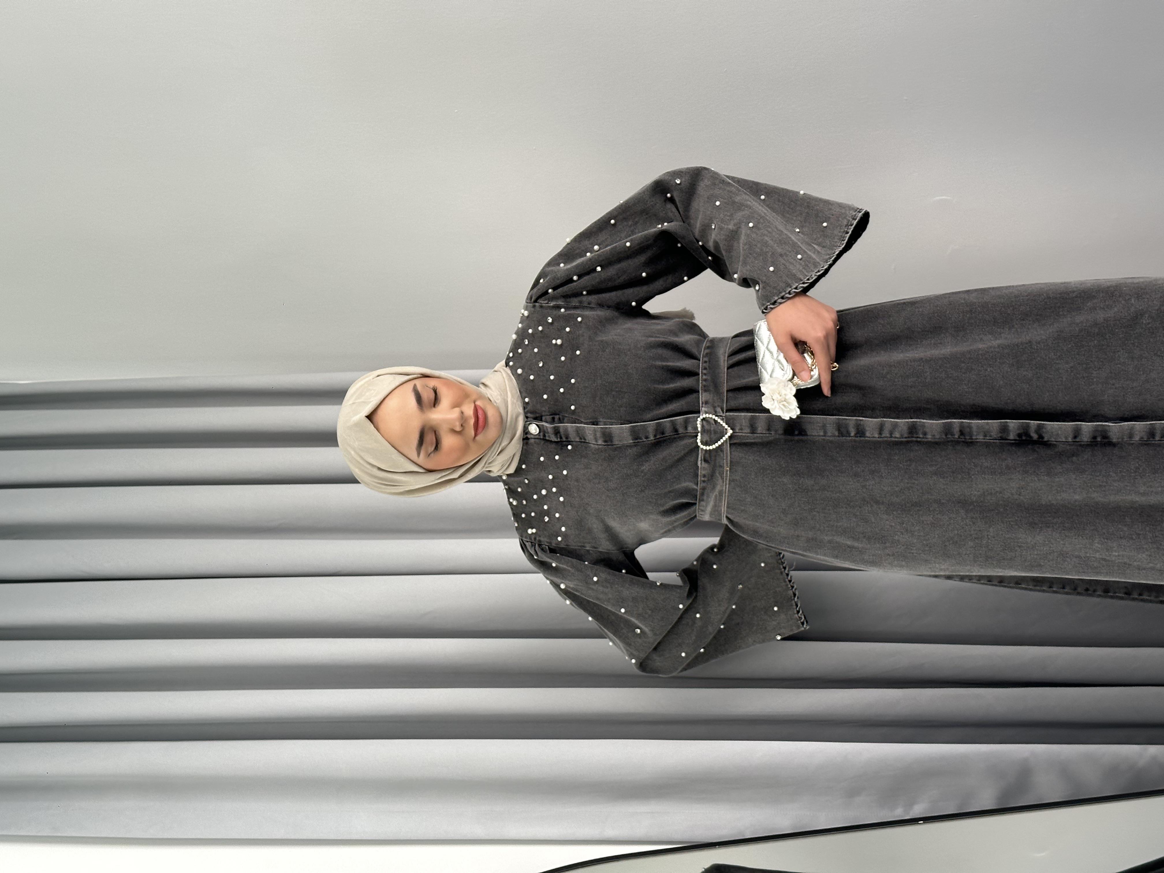 Kalp Kemer Detaylı Taşlı Denim Antrasit