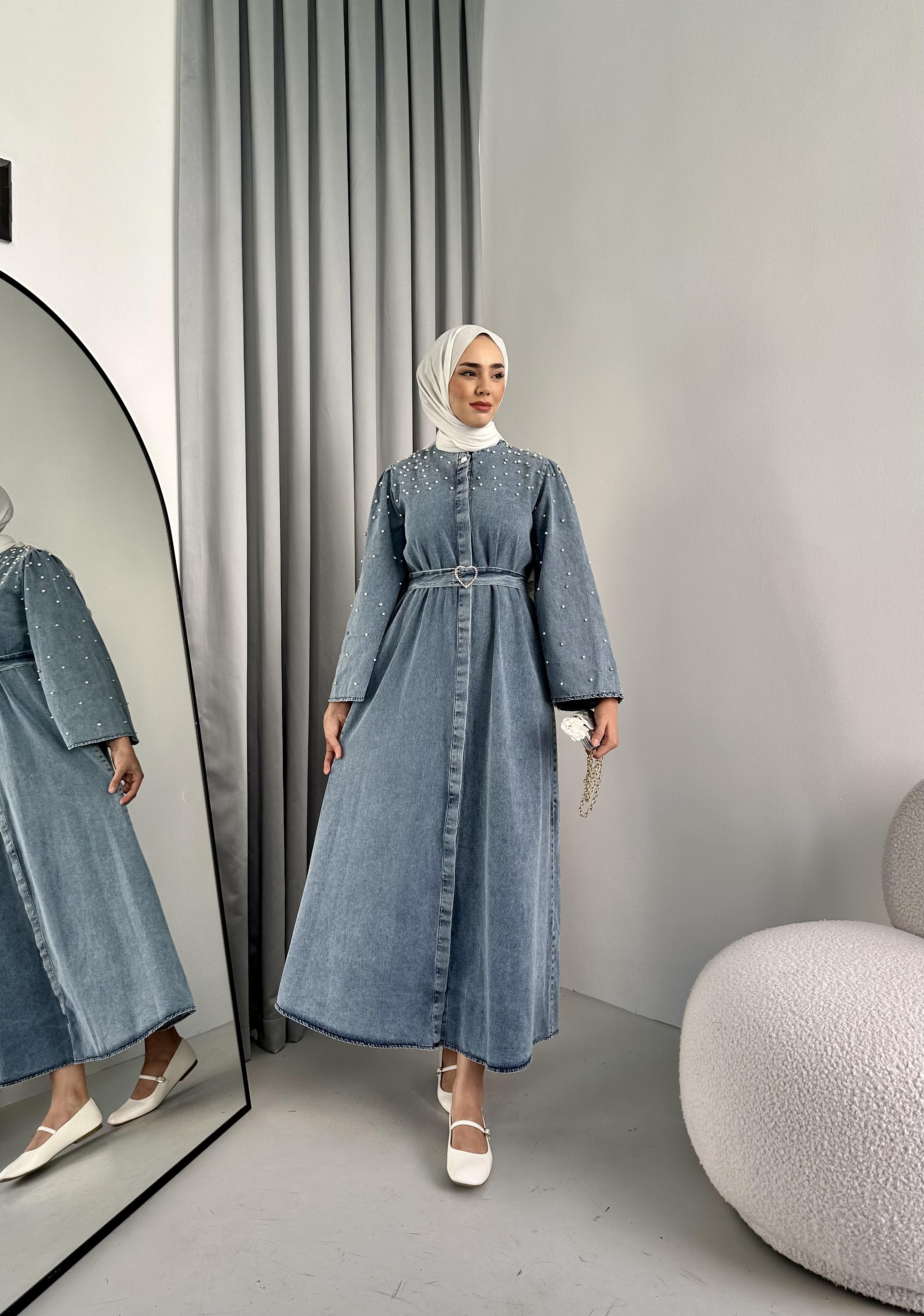 Kalp Kemer Detaylı Taşlı Denim Elbise Buz Mavisi
