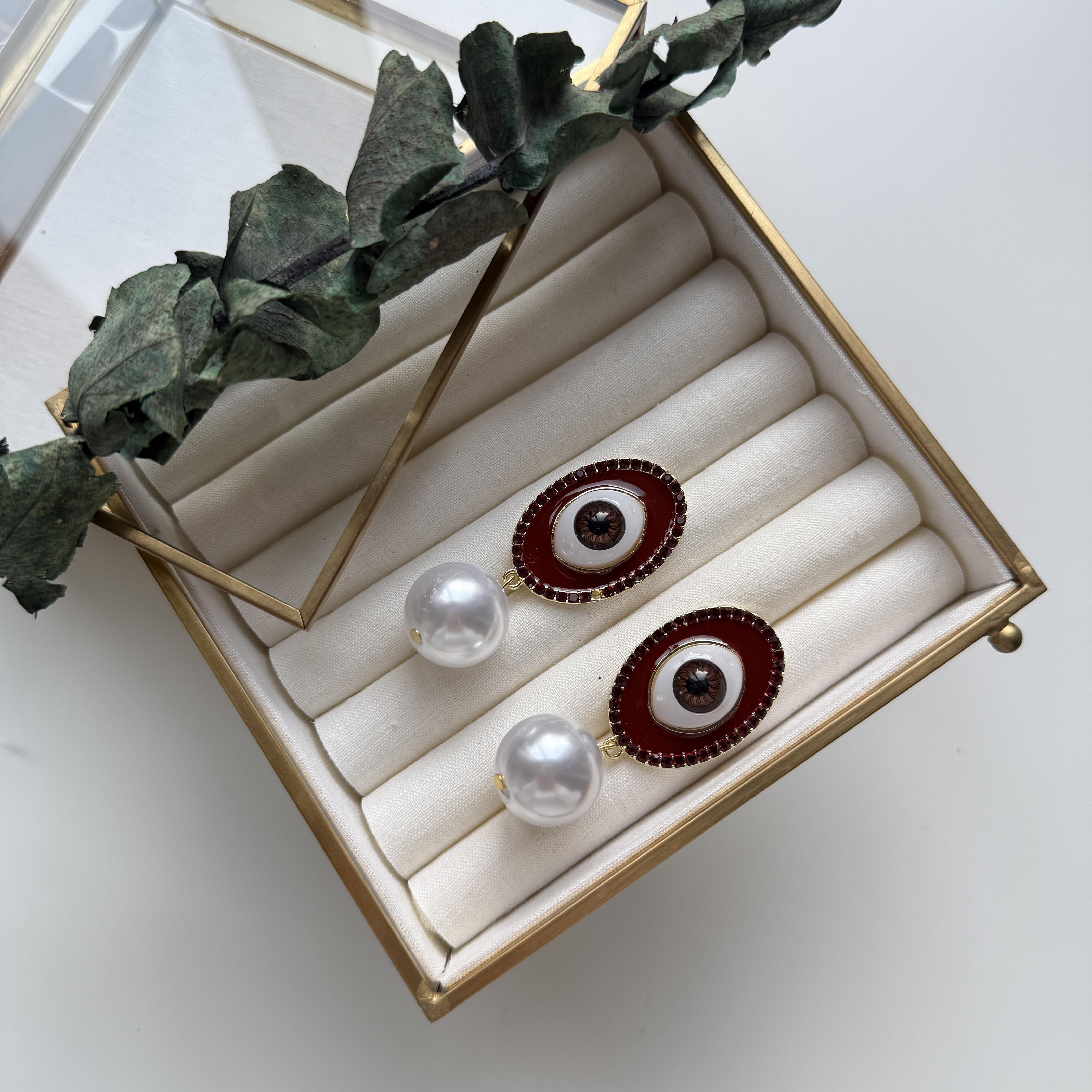 Bordo Mineli Oval İncili Göz Küpe