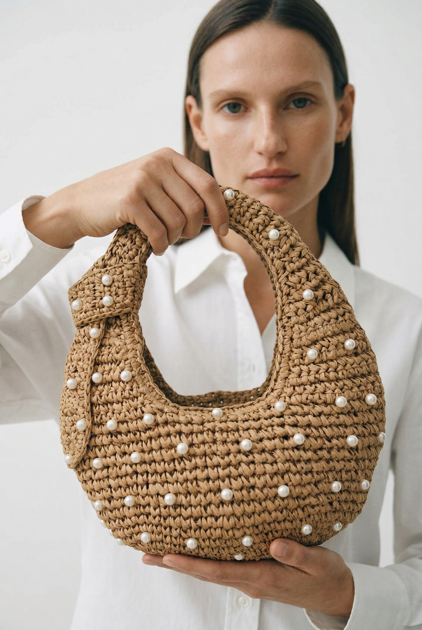 Camel Pearlina Hasır Örgü Çanta