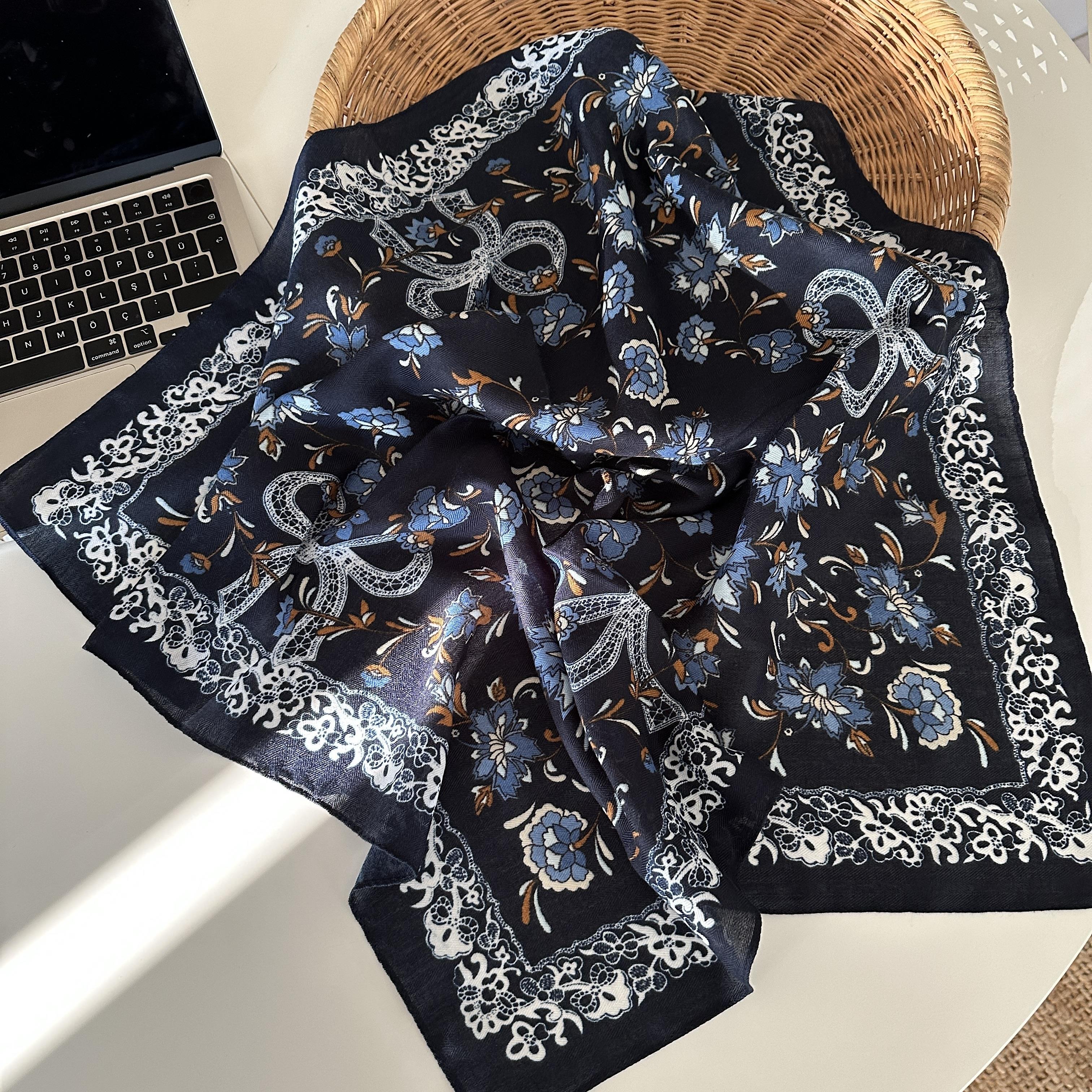 Lacivert Çiçekli Şal&Fular&Bandana 70X70