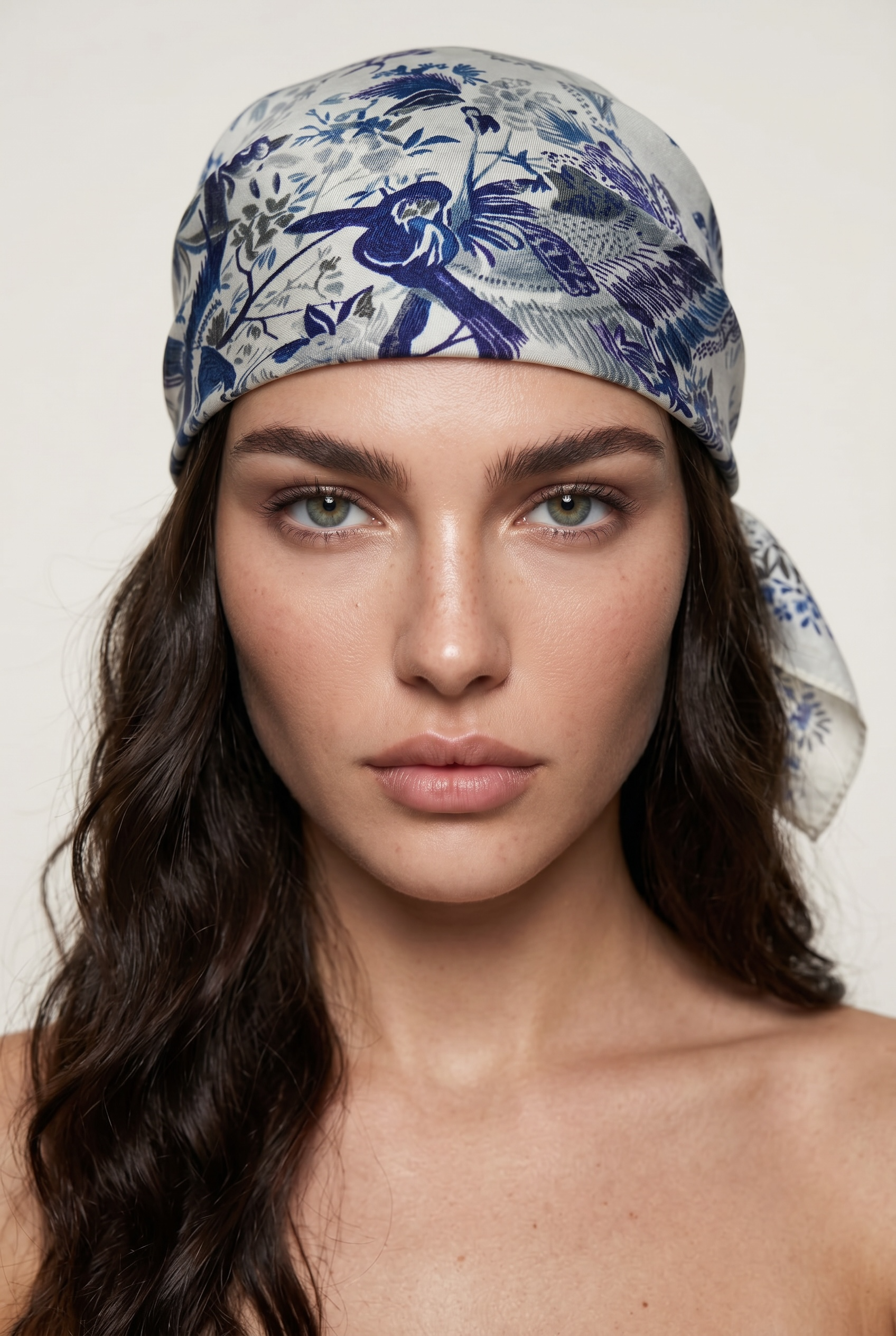 Mavi&Krem Çiçekli Şal&Fular&Bandana 70X70