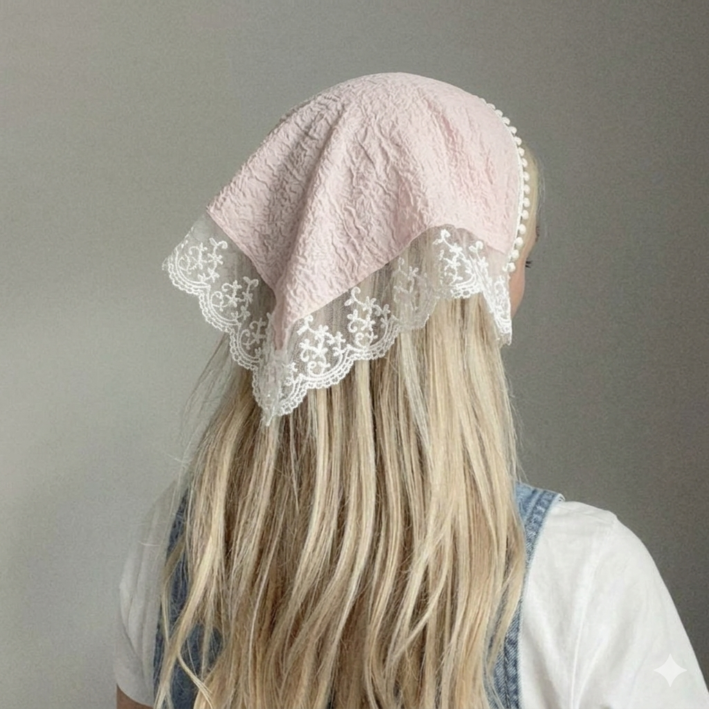 Pembe Dantelli Üçgen Bandana