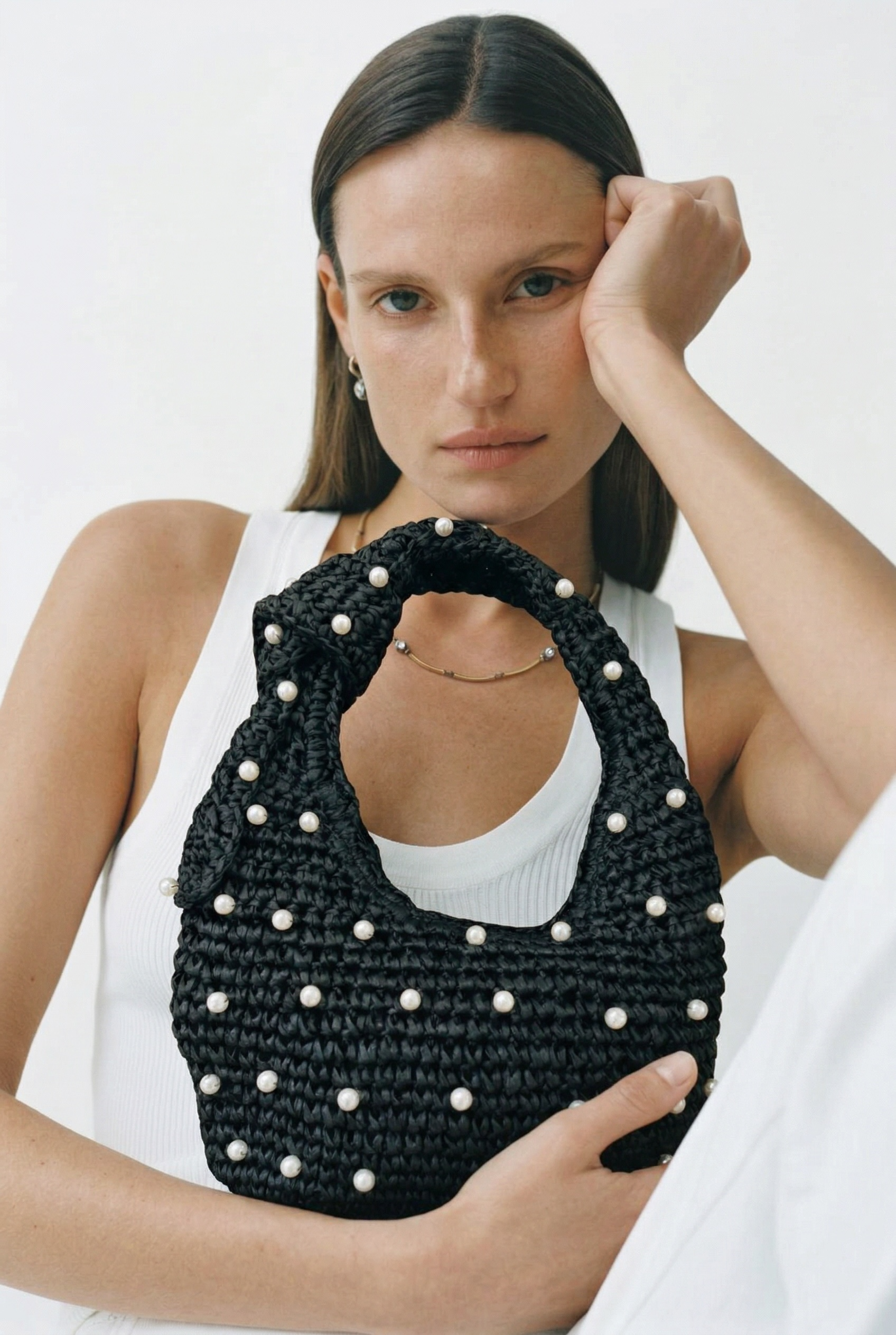 Siyah Pearlina Hasır Örgü Çanta