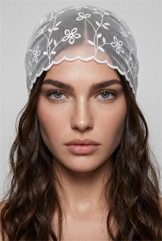 Çiçek Nakışlı Dantel Bandana&Şal