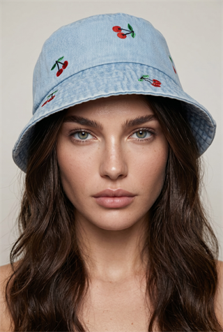 Kiraz Nakışlı Kot Bucket Şapka