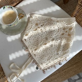 Krem Charmlı Üçgen Örgü Bandana&Şal